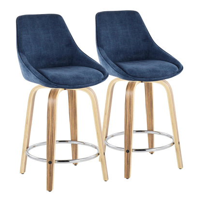 Diana 24" Contemporary Fixed-Height Counter Stool with Swivel in Zebra Wood and Blue Corduroy Fabric with Round Chrome Footrest By LumiSource - Set of 2 | Counter Stools | Modishstore - 2