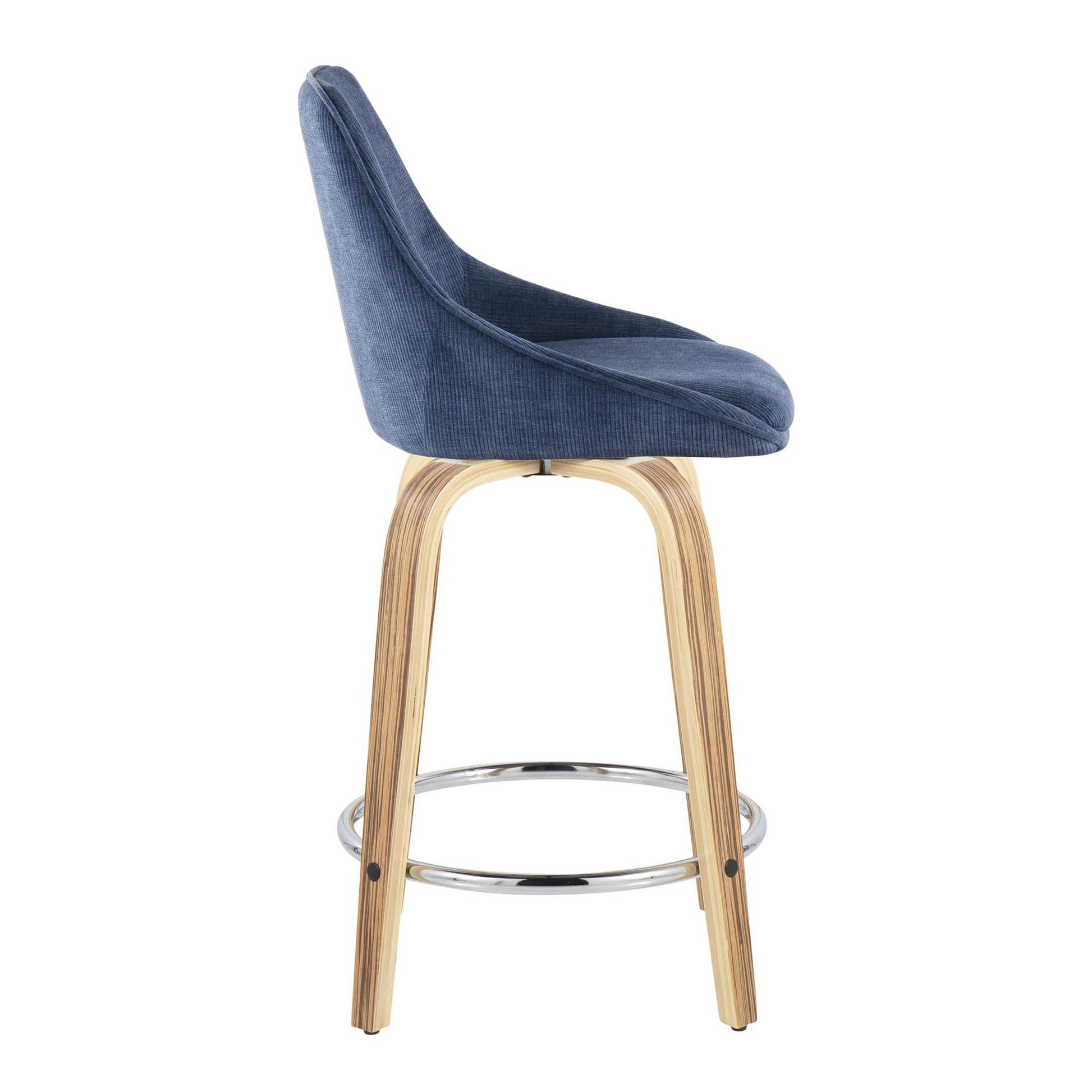 Diana 24" Contemporary Fixed-Height Counter Stool with Swivel in Zebra Wood and Blue Corduroy Fabric with Round Chrome Footrest By LumiSource - Set of 2 | Counter Stools | Modishstore - 6