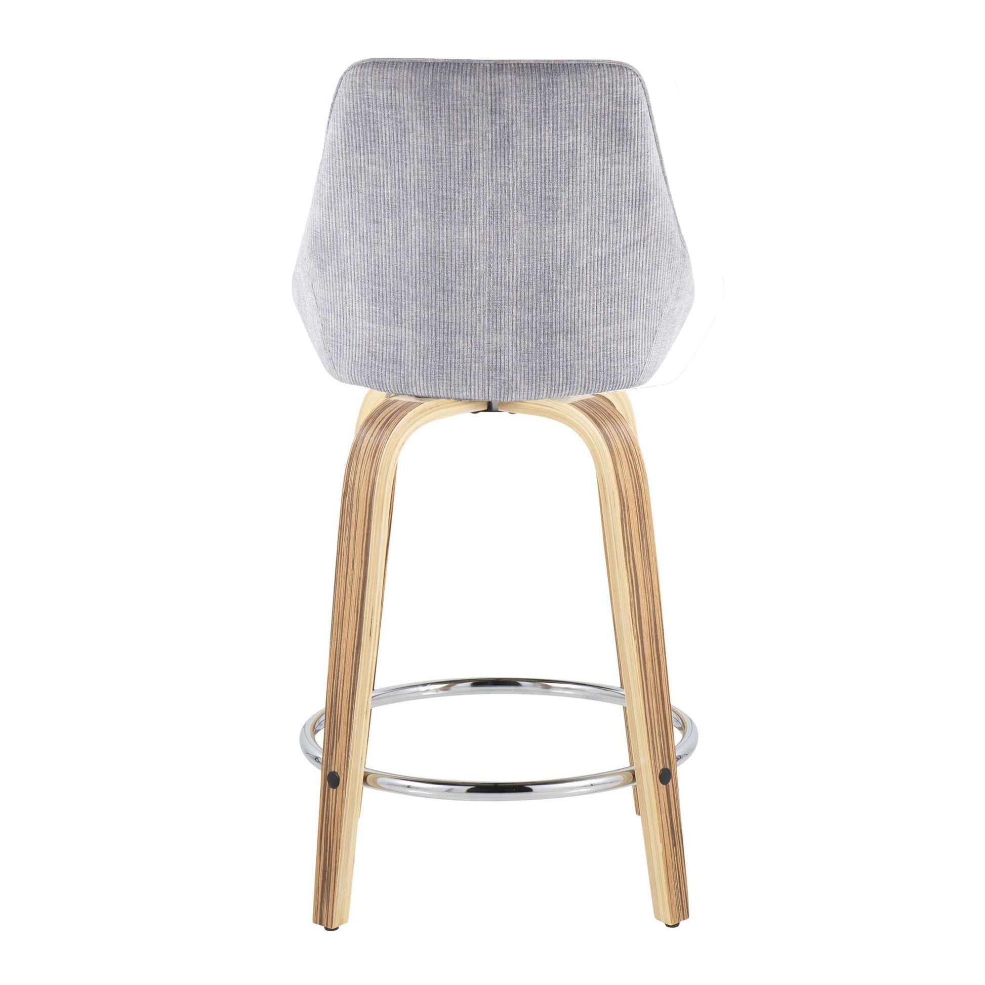 Diana 24" Contemporary Fixed-Height Counter Stool with Swivel in Zebra Wood and Blue Corduroy Fabric with Round Chrome Footrest By LumiSource - Set of 2 | Counter Stools | Modishstore - 16