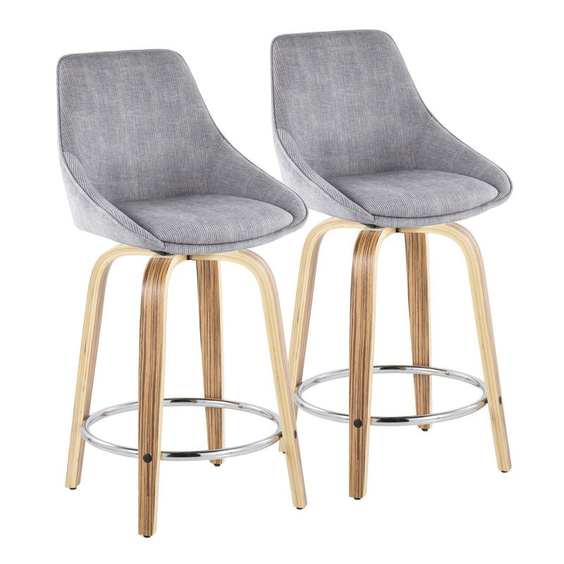 Diana 24" Contemporary Fixed-Height Counter Stool with Swivel in Zebra Wood and Blue Corduroy Fabric with Round Chrome Footrest By LumiSource - Set of 2 | Counter Stools | Modishstore - 9