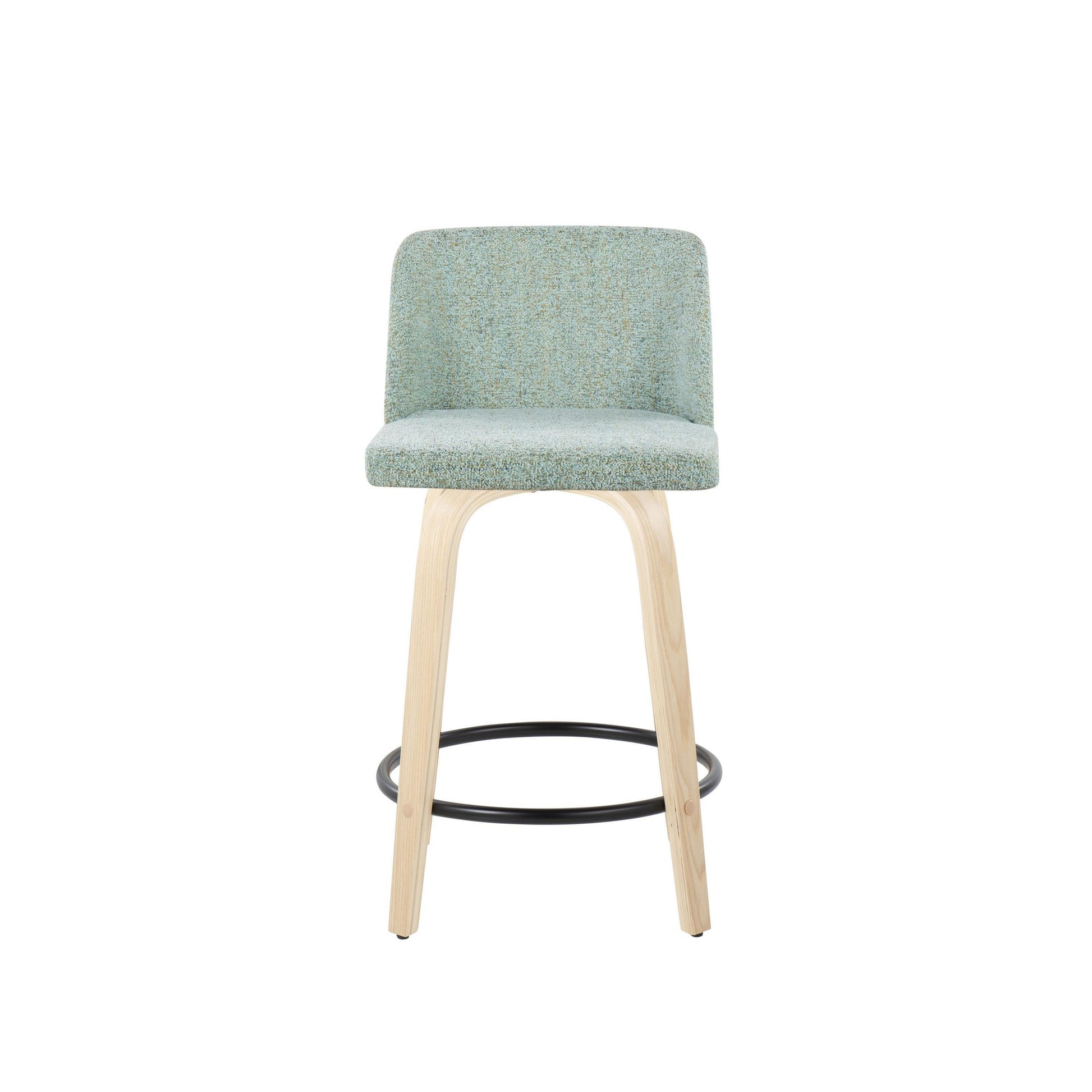 Toriano 24" Contemporary Fixed Height Counter Stool with Swivel in Natural Wood and Light Green Fabric with Round Black Metal Footrest By LumiSource - Set of 2 | Counter Stools | Modishstore - 3