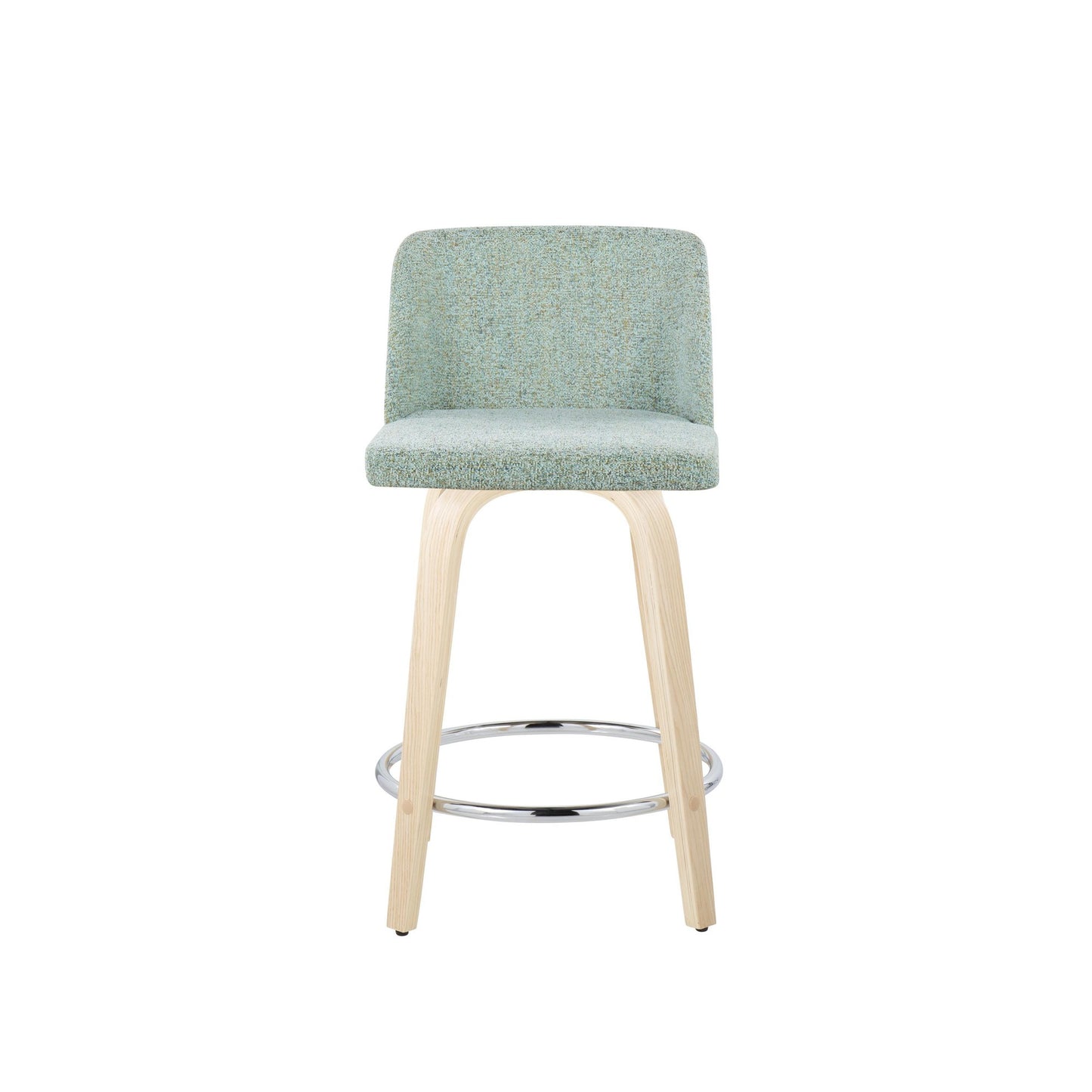 Toriano 24" Contemporary Fixed Height Counter Stool with Swivel in Natural Wood and Light Green Fabric with Round Chrome Metal Footrest By LumiSource - Set of 2 | Counter Stools | Modishstore - 3
