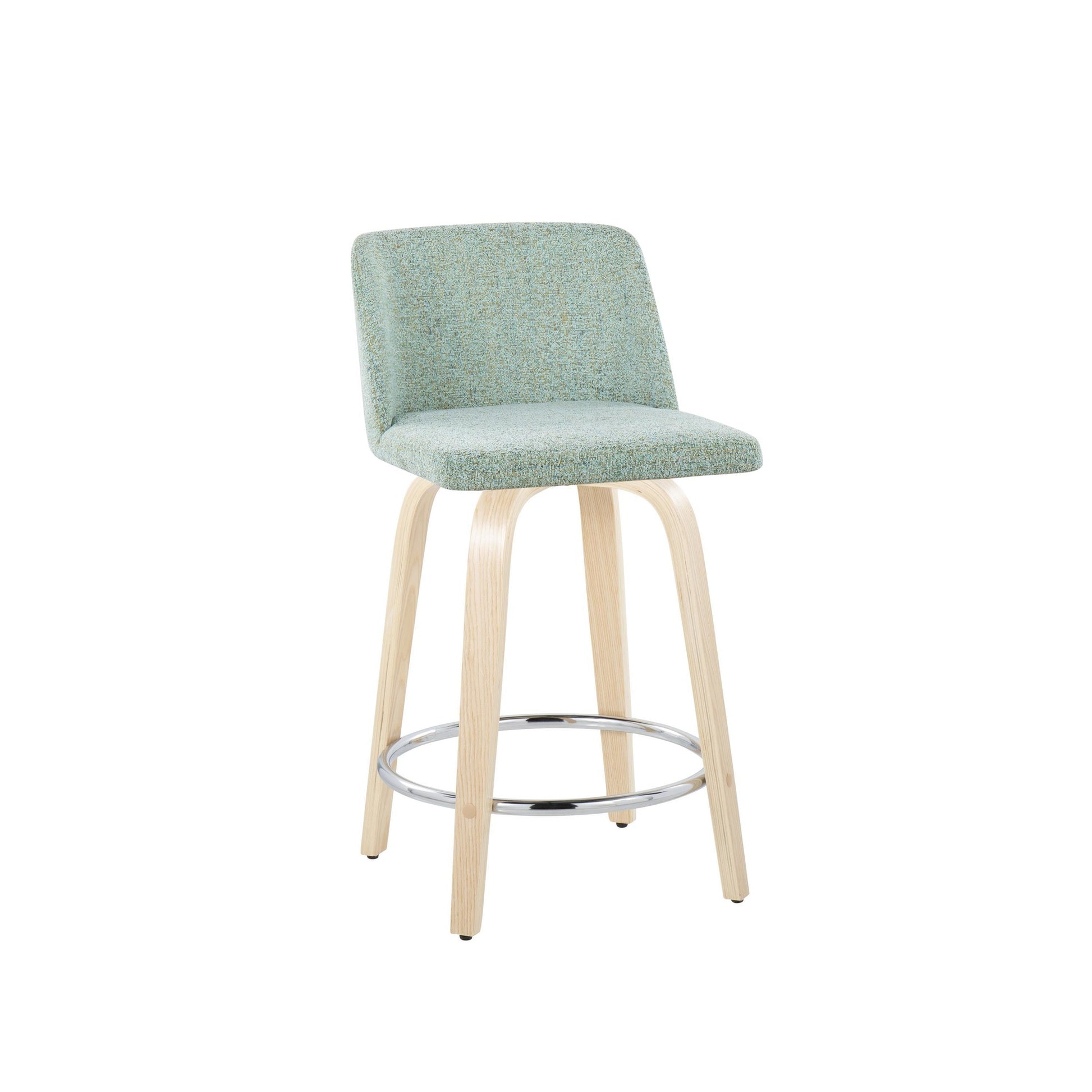 Toriano 24" Contemporary Fixed Height Counter Stool with Swivel in Natural Wood and Light Green Fabric with Round Chrome Metal Footrest By LumiSource - Set of 2 | Counter Stools | Modishstore - 6