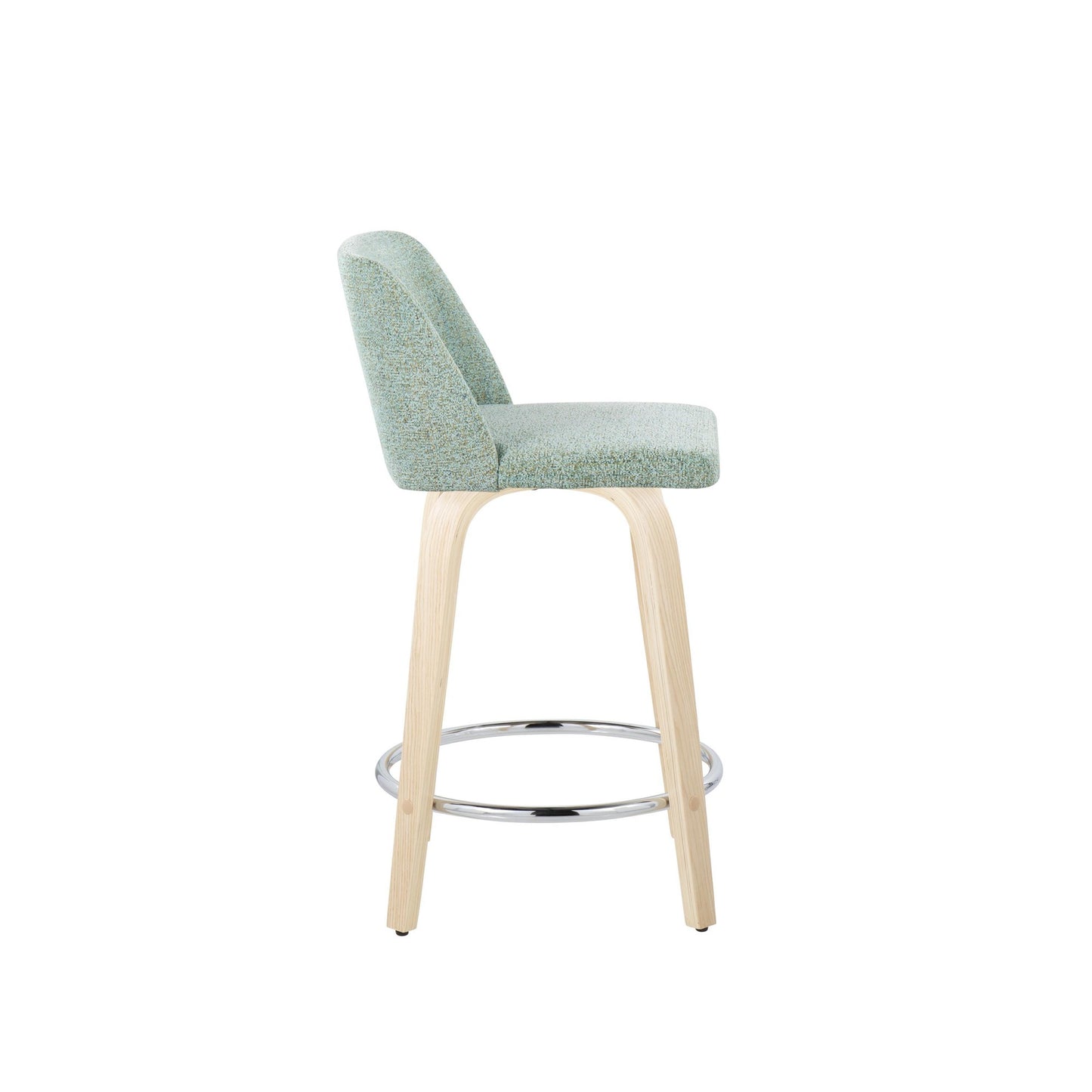 Toriano 24" Contemporary Fixed Height Counter Stool with Swivel in Natural Wood and Light Green Fabric with Round Chrome Metal Footrest By LumiSource - Set of 2 | Counter Stools | Modishstore - 7