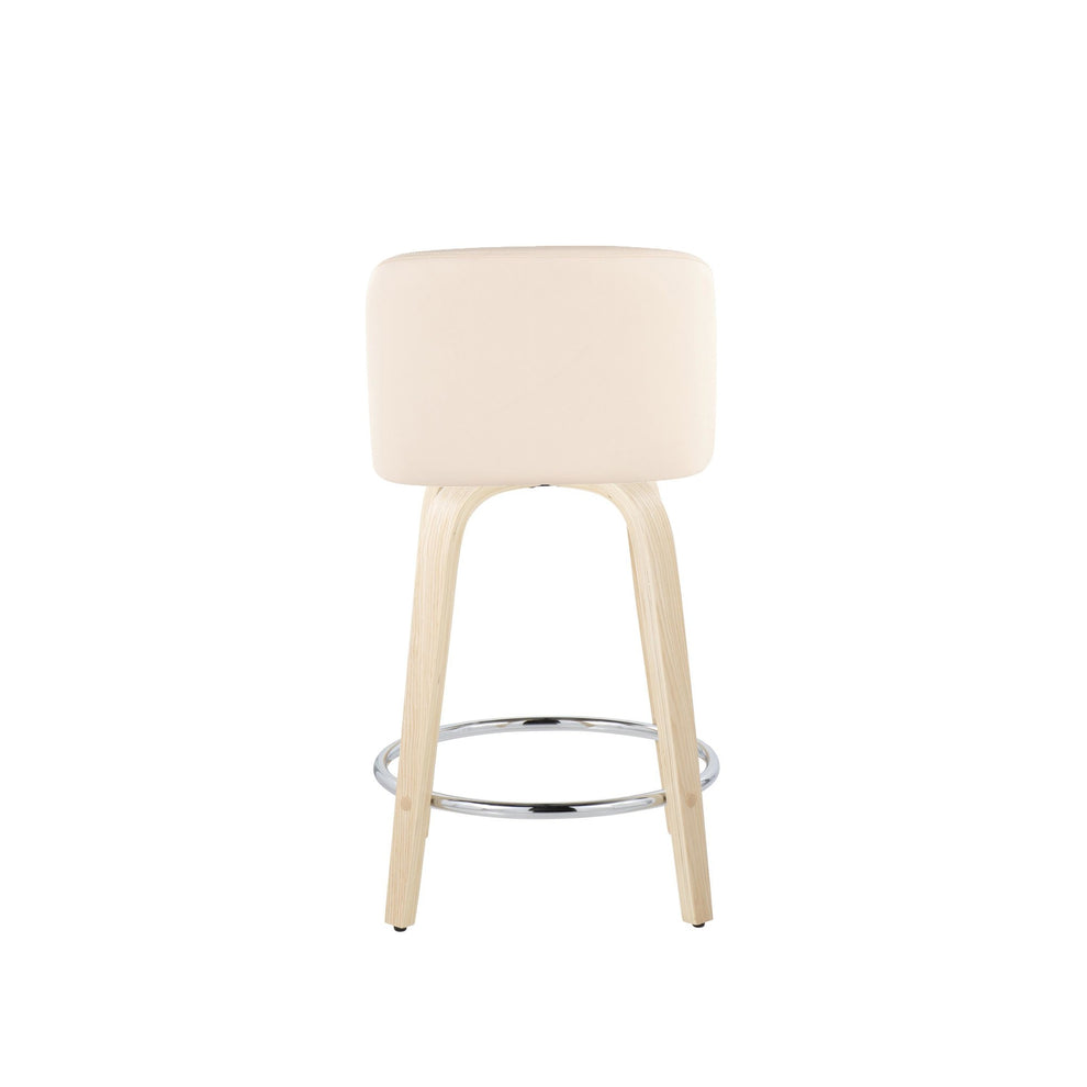 Toriano 24" Contemporary Fixed Height Counter Stool with Swivel in Natural Wood and Cream Faux Leather with Round Chrome Metal Footrest By LumiSource - Set of 2 | Counter Stools | Modishstore - 7