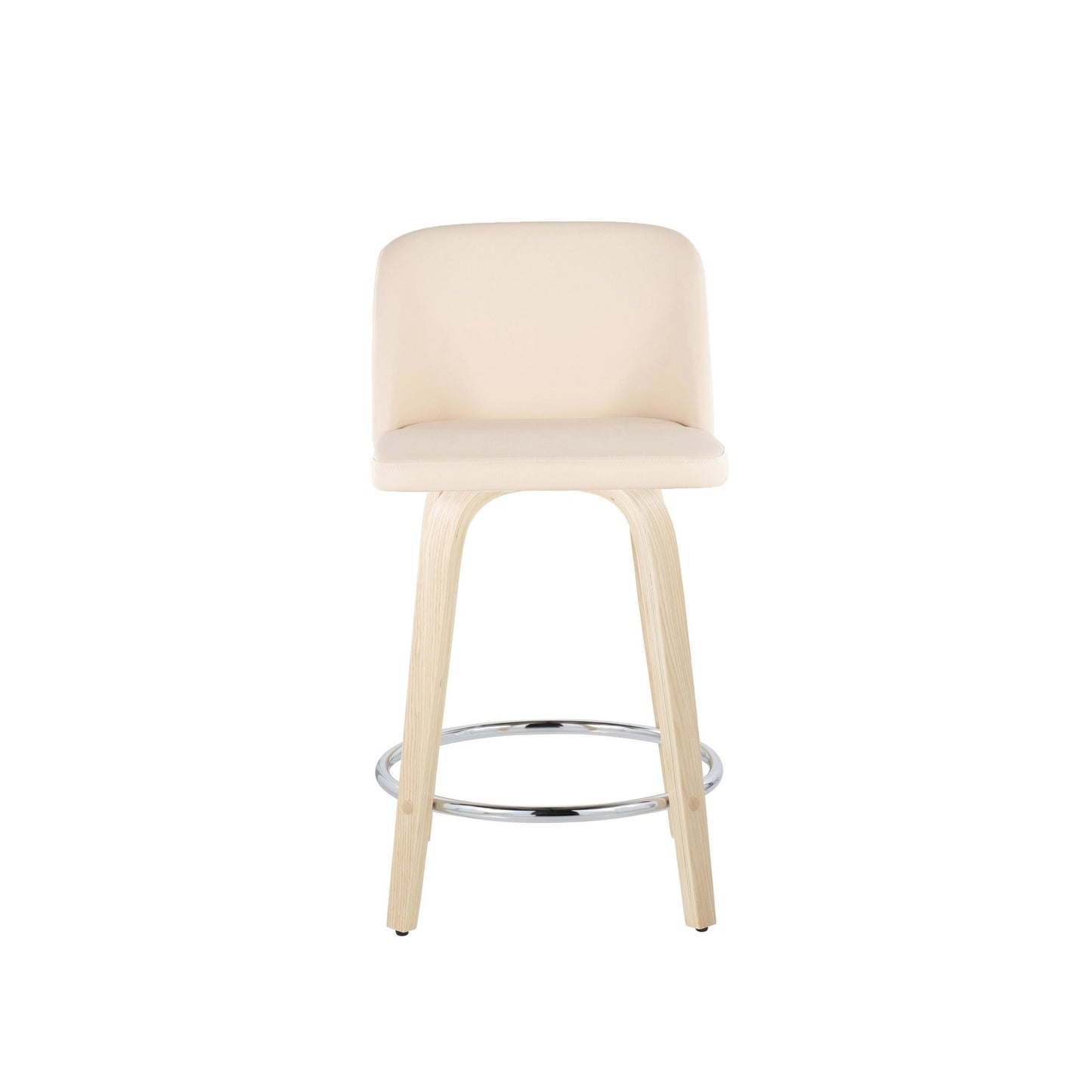 Toriano 24" Contemporary Fixed Height Counter Stool with Swivel in Natural Wood and Cream Faux Leather with Round Chrome Metal Footrest By LumiSource - Set of 2 | Counter Stools | Modishstore - 2