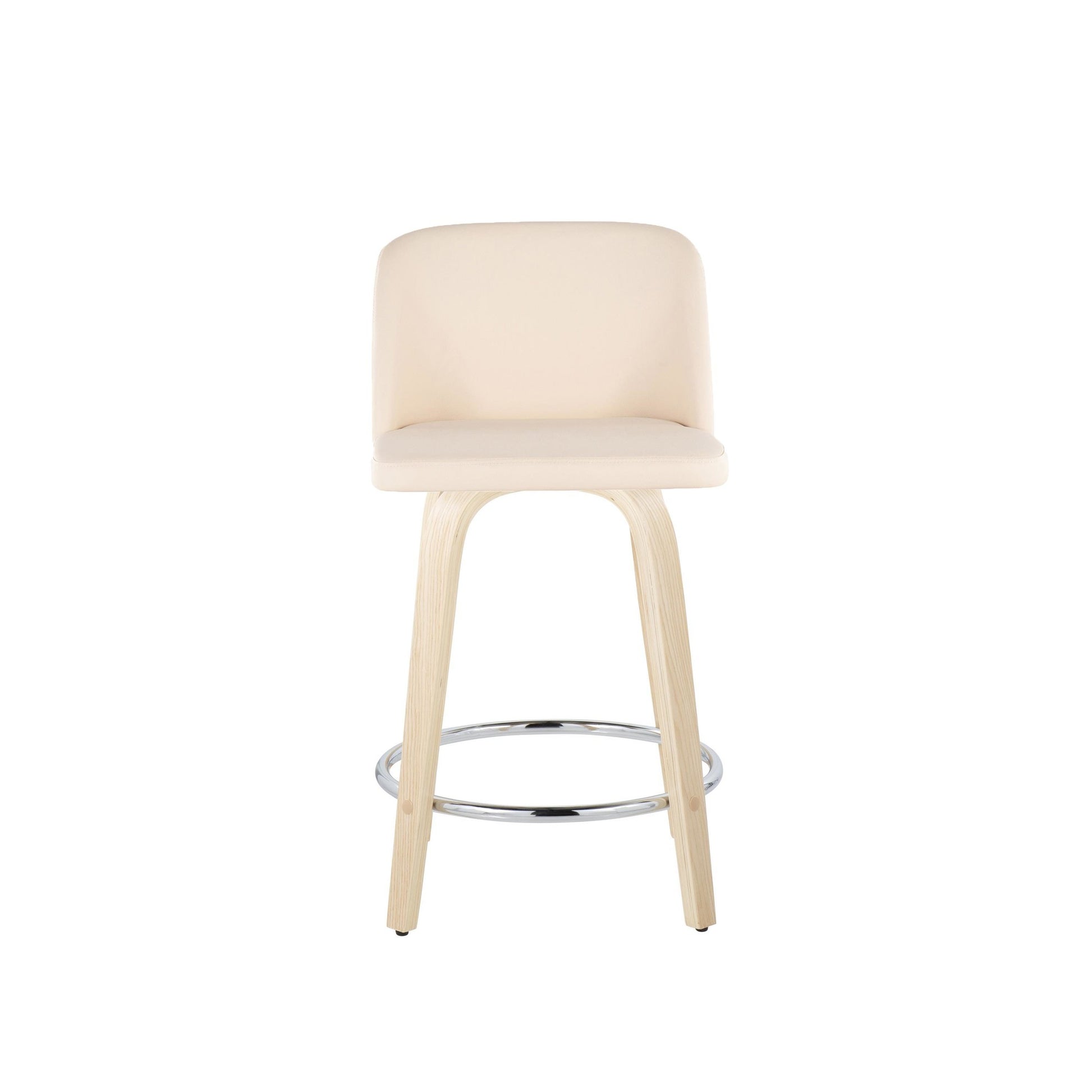 Toriano 24" Contemporary Fixed Height Counter Stool with Swivel in Natural Wood and Cream Faux Leather with Round Chrome Metal Footrest By LumiSource - Set of 2 | Counter Stools | Modishstore - 2