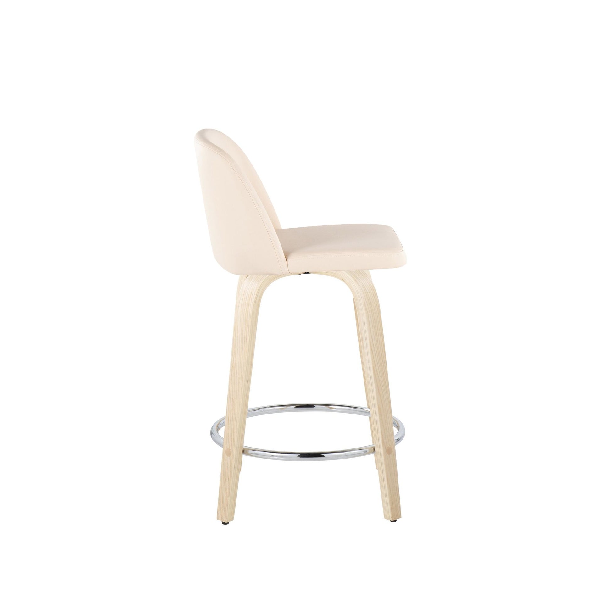Toriano 24" Contemporary Fixed Height Counter Stool with Swivel in Natural Wood and Cream Faux Leather with Round Chrome Metal Footrest By LumiSource - Set of 2 | Counter Stools | Modishstore - 5