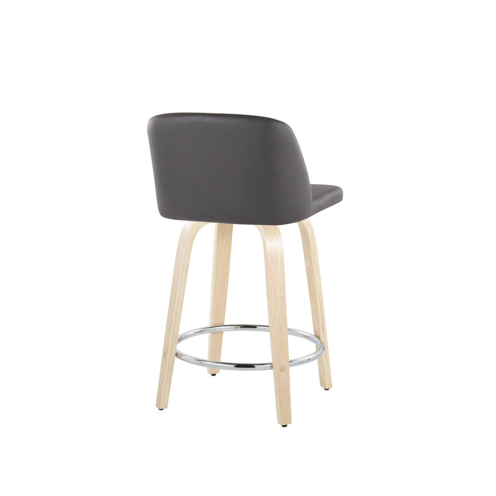 Toriano 24" Contemporary Fixed Height Counter Stool with Swivel in Natural Wood and Cream Faux Leather with Round Chrome Metal Footrest By LumiSource - Set of 2 | Counter Stools | Modishstore - 13