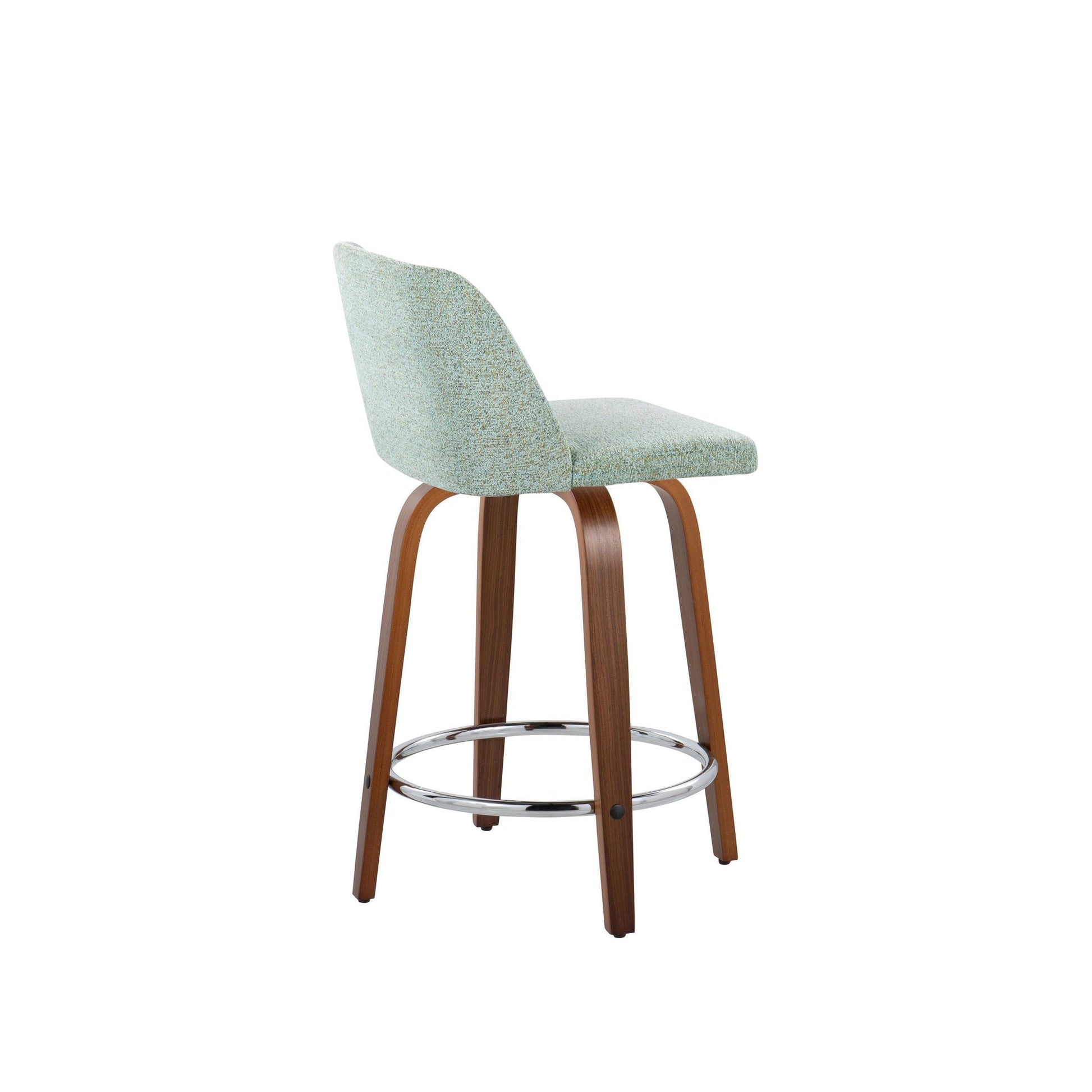 Toriano 24" Mid-Century Modern Fixed Height Counter Stool with Swivel in Walnut Wood and Light Green Fabric with Round Chrome Metal Footrest By LumiSource - Set of 2 | Counter Stools | Modishstore - 6