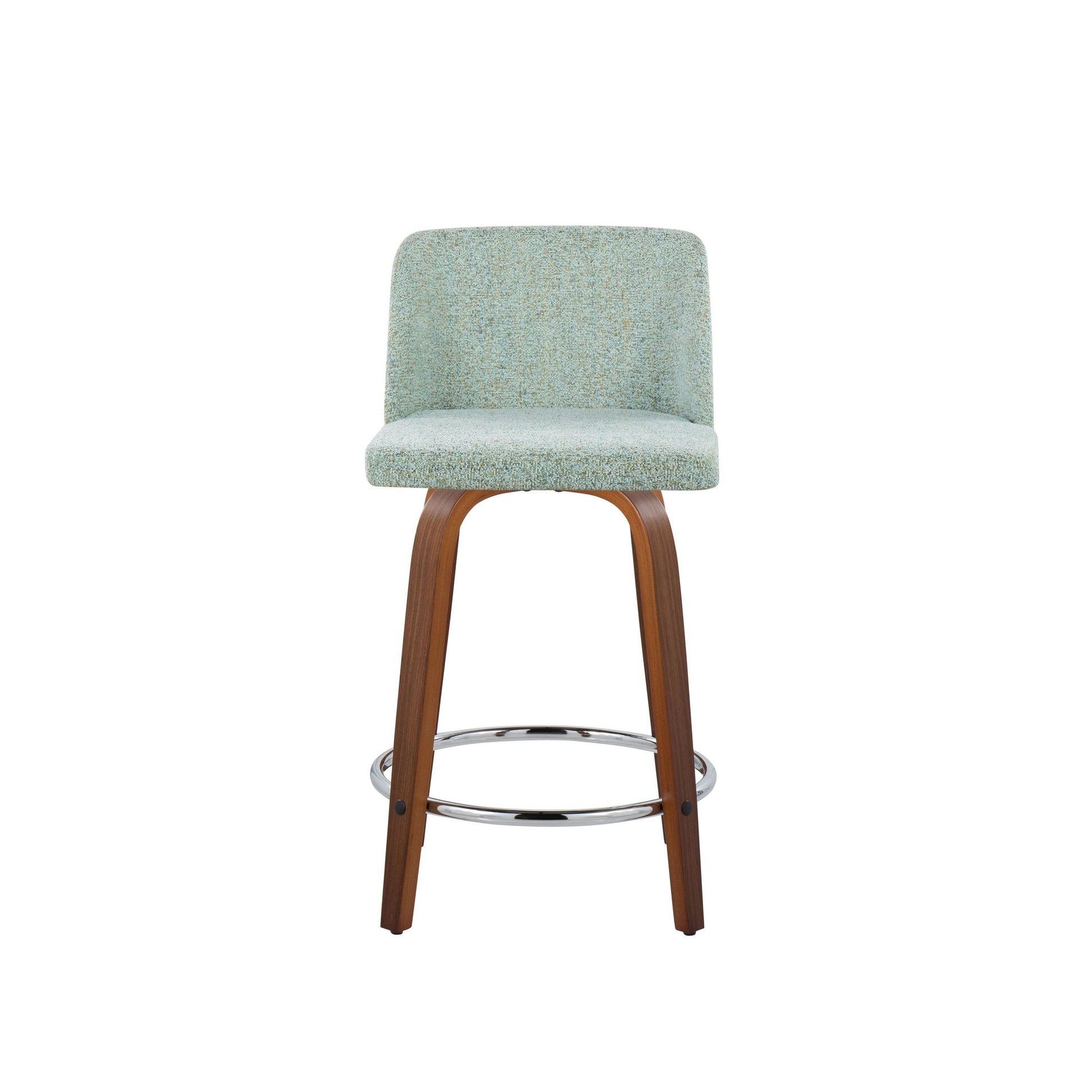 Toriano 24" Mid-Century Modern Fixed Height Counter Stool with Swivel in Walnut Wood and Light Green Fabric with Round Chrome Metal Footrest By LumiSource - Set of 2 | Counter Stools | Modishstore - 2