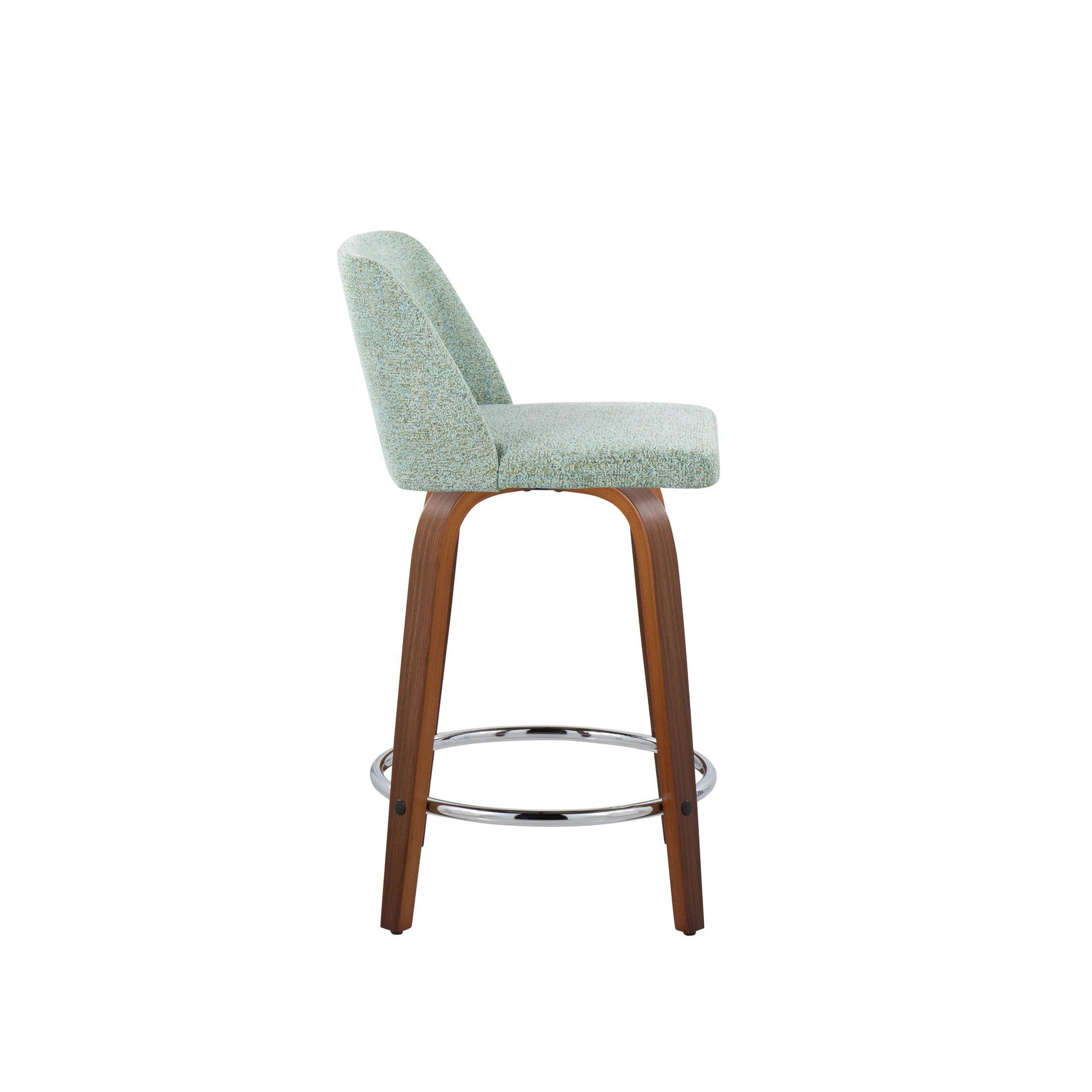 Toriano 24" Mid-Century Modern Fixed Height Counter Stool with Swivel in Walnut Wood and Light Green Fabric with Round Chrome Metal Footrest By LumiSource - Set of 2 | Counter Stools | Modishstore - 5