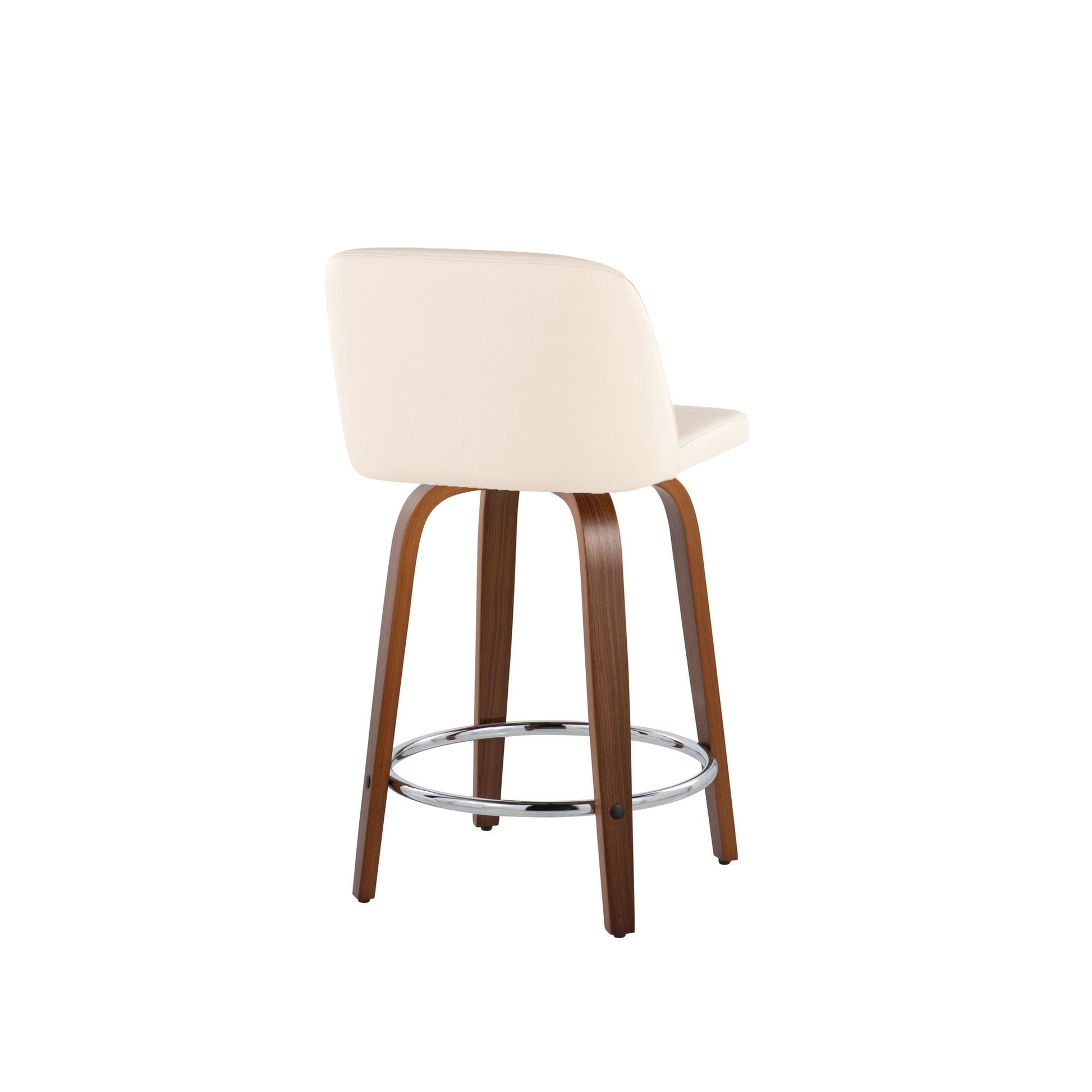 Toriano 24" Mid-Century Modern Fixed Height Counter Stool with Swivel in Walnut Wood and Cream Faux Leather with Round Chrome Metal Footrest By LumiSource - Set of 2 | Counter Stools | Modishstore - 6