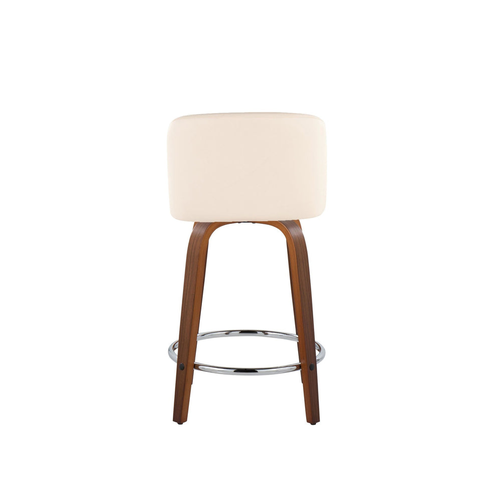 Toriano 24" Mid-Century Modern Fixed Height Counter Stool with Swivel in Walnut Wood and Cream Faux Leather with Round Chrome Metal Footrest By LumiSource - Set of 2 | Counter Stools | Modishstore - 7