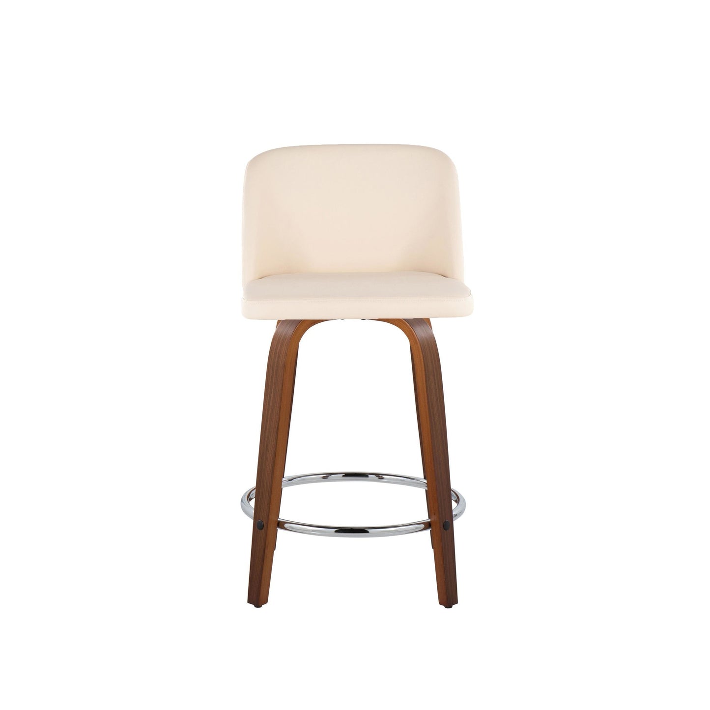 Toriano 24" Mid-Century Modern Fixed Height Counter Stool with Swivel in Walnut Wood and Cream Faux Leather with Round Chrome Metal Footrest By LumiSource - Set of 2 | Counter Stools | Modishstore - 2