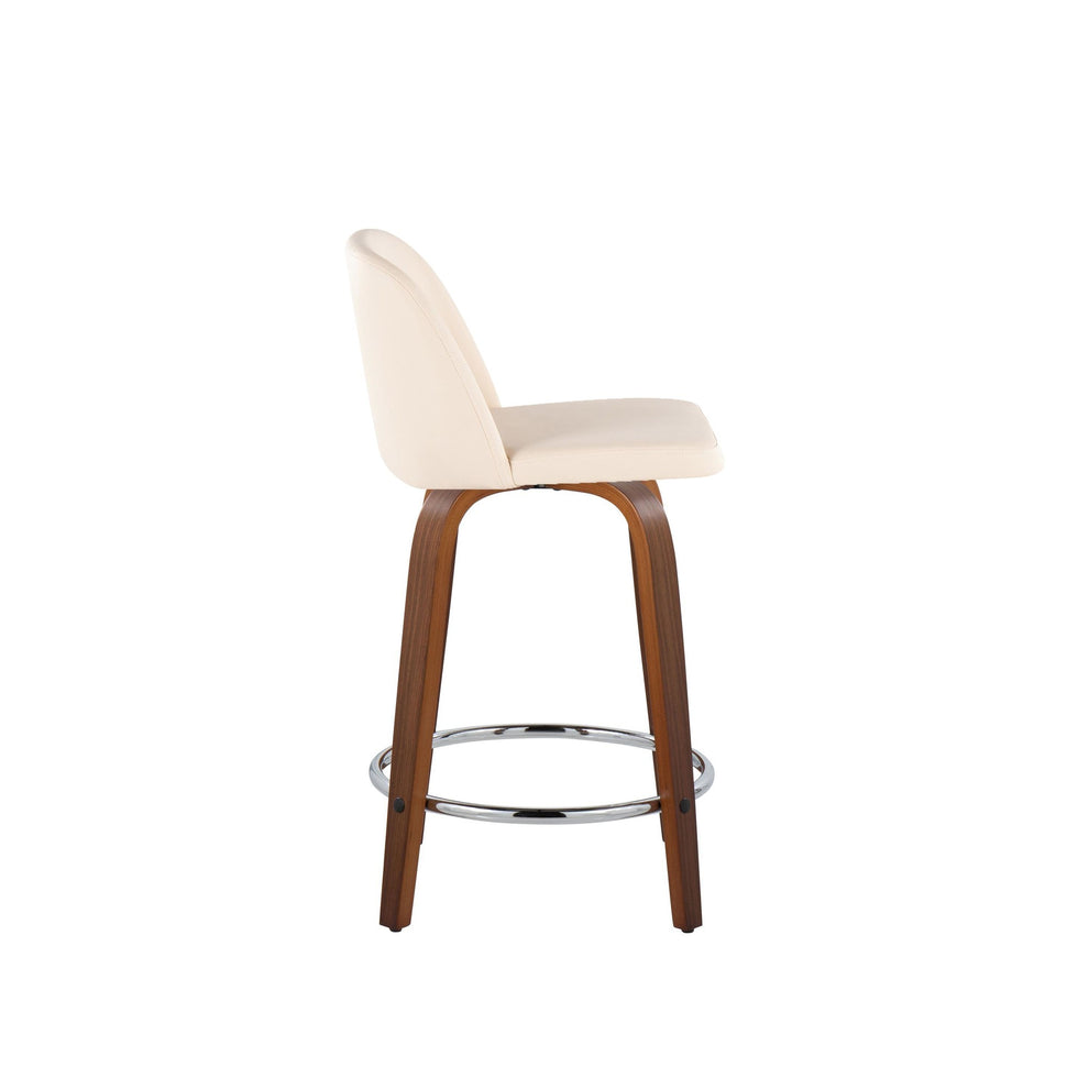 Toriano 24" Mid-Century Modern Fixed Height Counter Stool with Swivel in Walnut Wood and Cream Faux Leather with Round Chrome Metal Footrest By LumiSource - Set of 2 | Counter Stools | Modishstore - 5