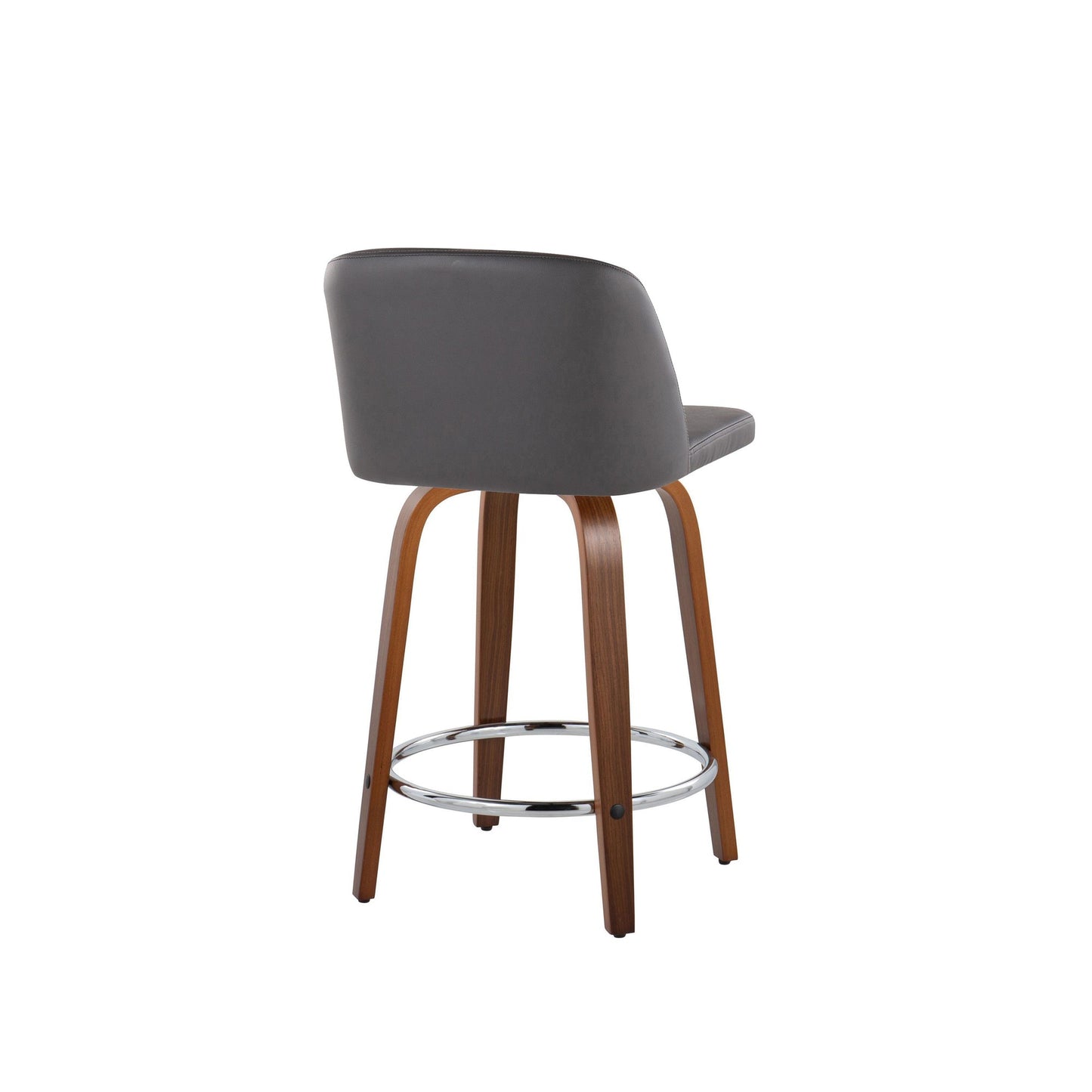 Toriano 24" Mid-Century Modern Fixed Height Counter Stool with Swivel in Walnut Wood and Cream Faux Leather with Round Chrome Metal Footrest By LumiSource - Set of 2 | Counter Stools | Modishstore - 13