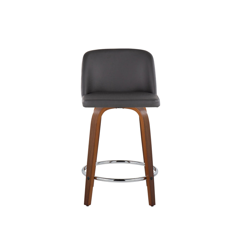 Toriano 24" Mid-Century Modern Fixed Height Counter Stool with Swivel in Walnut Wood and Cream Faux Leather with Round Chrome Metal Footrest By LumiSource - Set of 2 | Counter Stools | Modishstore - 9