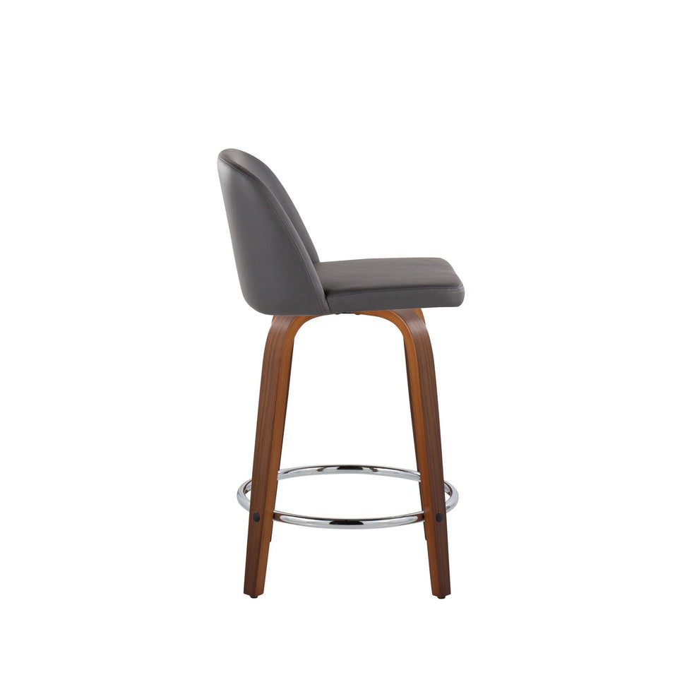 Toriano 24" Mid-Century Modern Fixed Height Counter Stool with Swivel in Walnut Wood and Cream Faux Leather with Round Chrome Metal Footrest By LumiSource - Set of 2 | Counter Stools | Modishstore - 12