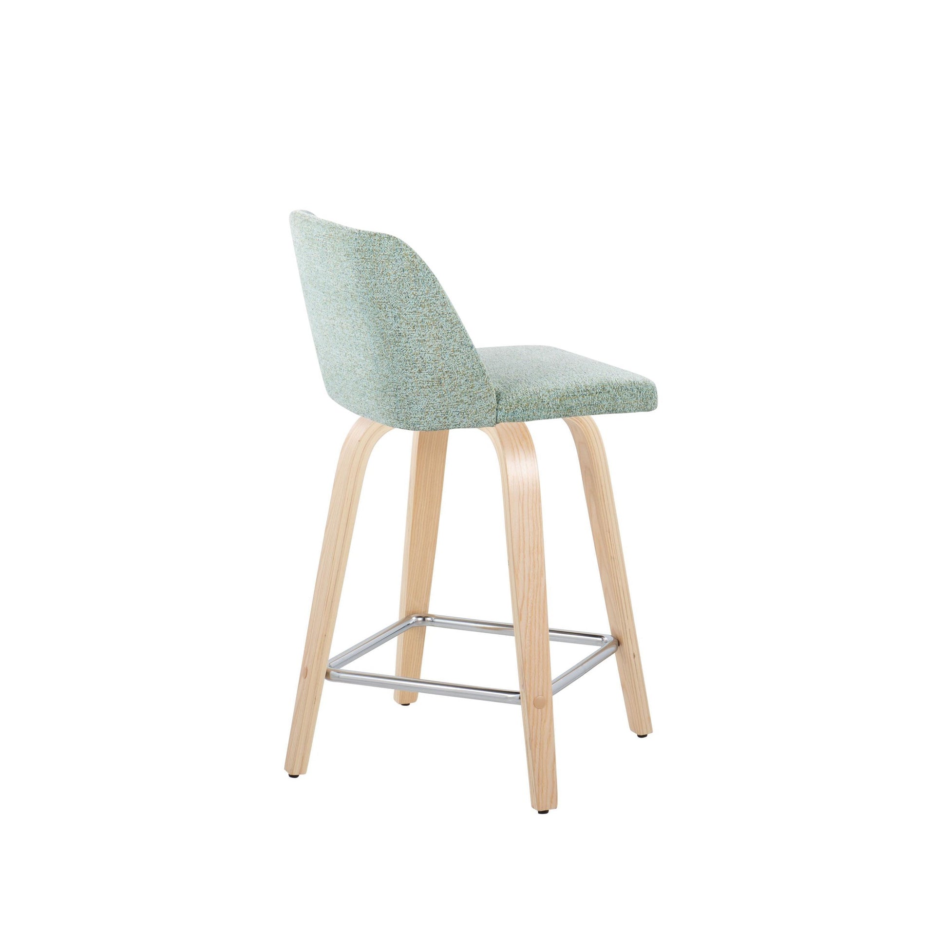 Toriano 24" Contemporary Fixed Height Counter Stool with Swivel in Natural Wood and Light Green Fabric with Square Chrome Metal Footrest By LumiSource - Set of 2 | Counter Stools | Modishstore - 5