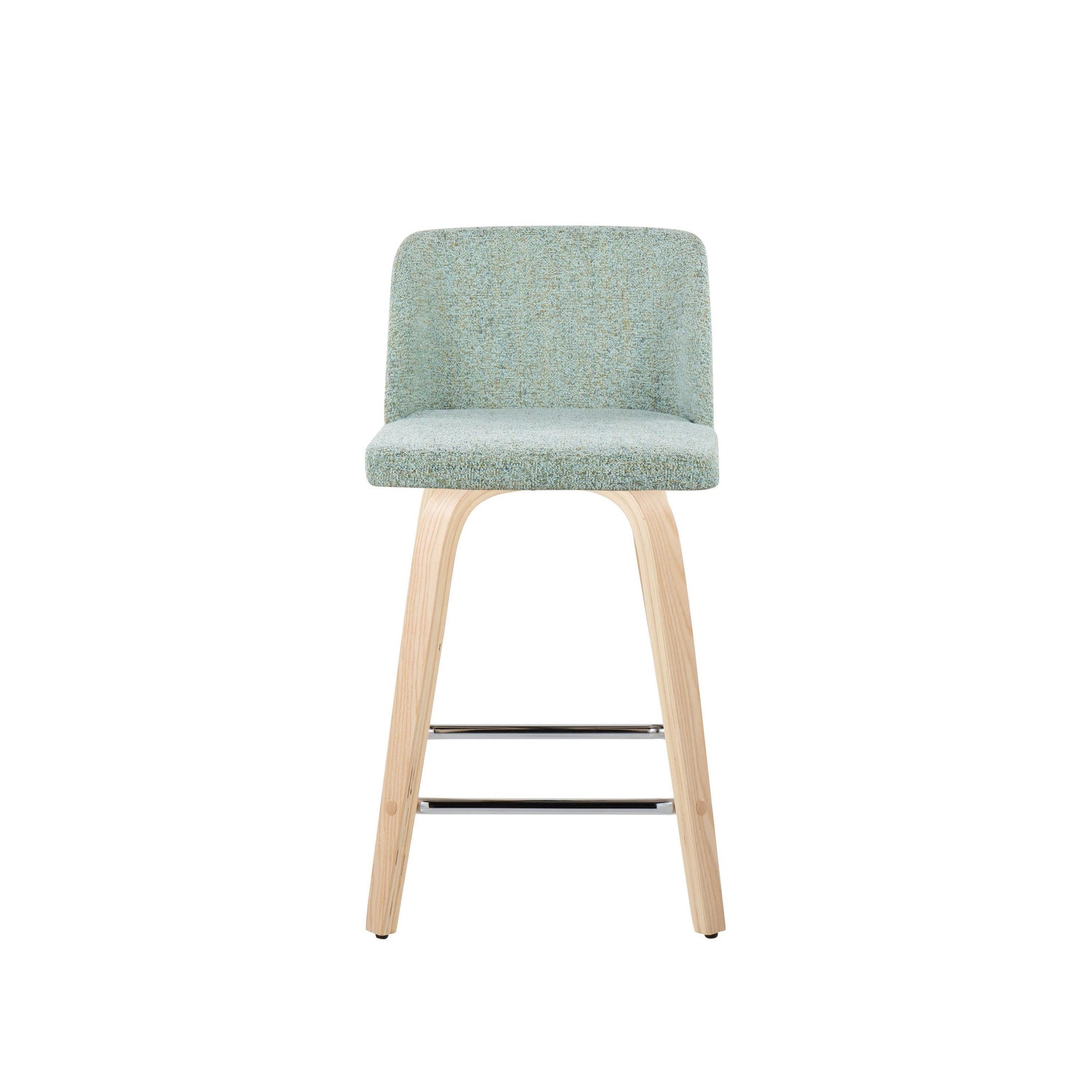 Toriano 24" Contemporary Fixed Height Counter Stool with Swivel in Natural Wood and Light Green Fabric with Square Chrome Metal Footrest By LumiSource - Set of 2 | Counter Stools | Modishstore - 7