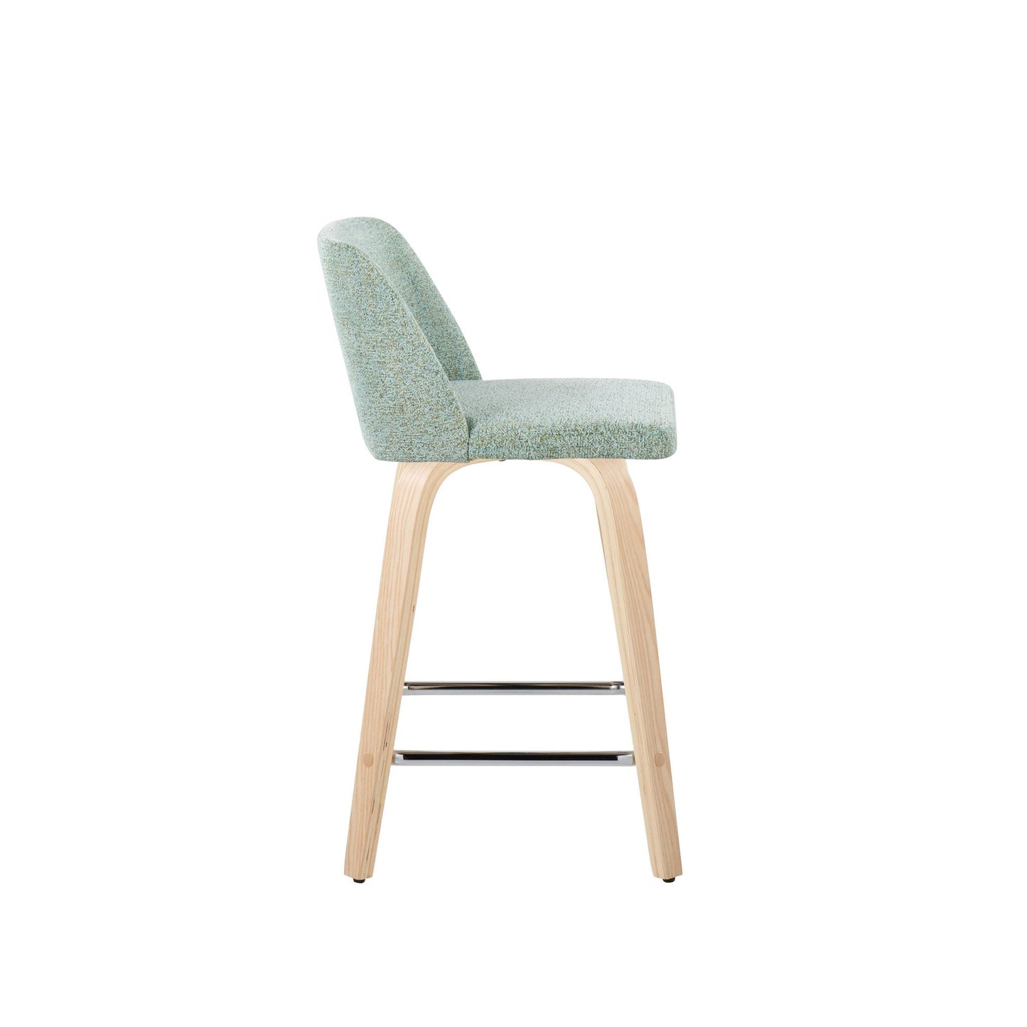 Toriano 24" Contemporary Fixed Height Counter Stool with Swivel in Natural Wood and Light Green Fabric with Square Chrome Metal Footrest By LumiSource - Set of 2 | Counter Stools | Modishstore - 2
