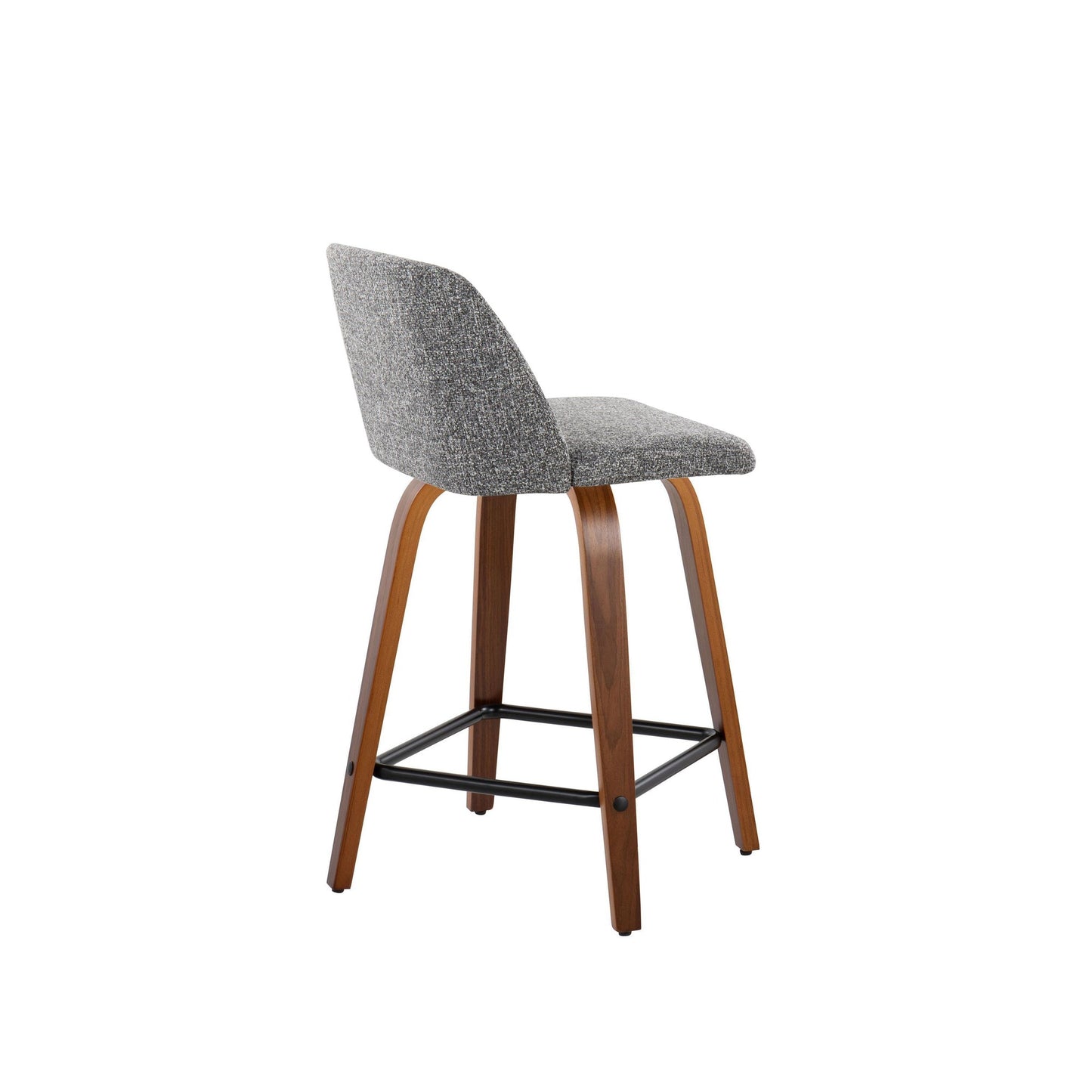 Toriano 24" Mid-Century Modern Fixed Height Counter Stool with Swivel in Walnut Wood and Grey Noise Fabric with Square Black Metal Footrest By LumiSource - Set of 2 | Counter Stools | Modishstore - 6