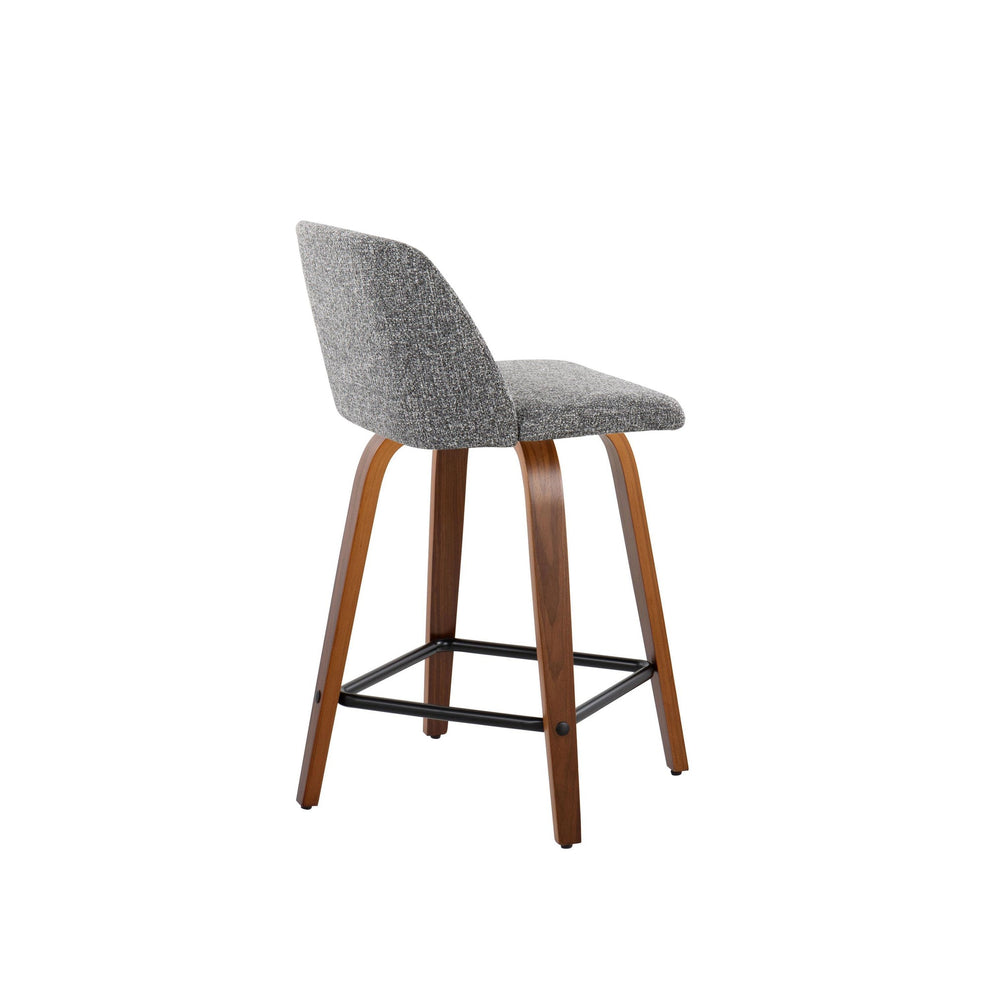 Toriano 24" Mid-Century Modern Fixed Height Counter Stool with Swivel in Walnut Wood and Grey Noise Fabric with Square Black Metal Footrest By LumiSource - Set of 2 | Counter Stools | Modishstore - 6