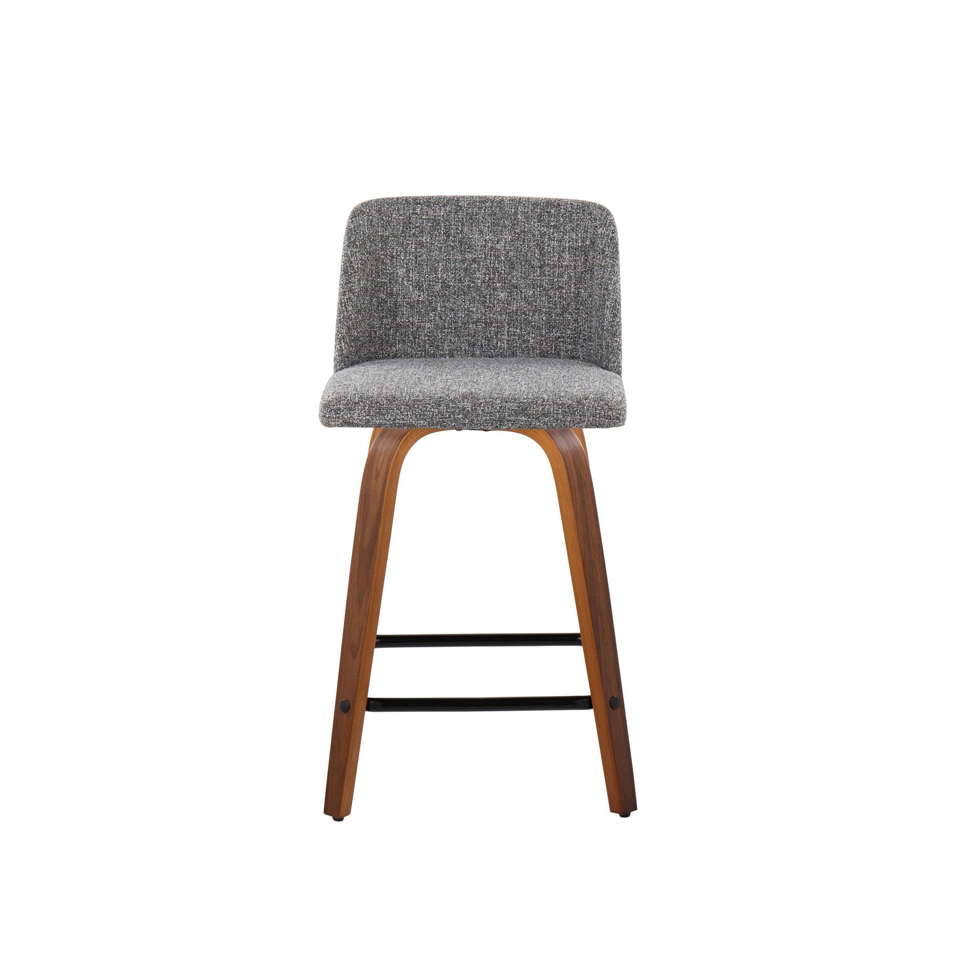 Toriano 24" Mid-Century Modern Fixed Height Counter Stool with Swivel in Walnut Wood and Grey Noise Fabric with Square Black Metal Footrest By LumiSource - Set of 2 | Counter Stools | Modishstore - 2