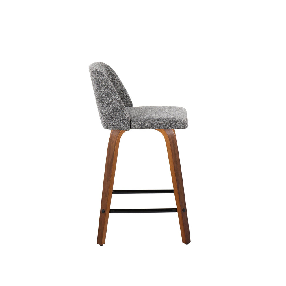 Toriano 24" Mid-Century Modern Fixed Height Counter Stool with Swivel in Walnut Wood and Grey Noise Fabric with Square Black Metal Footrest By LumiSource - Set of 2 | Counter Stools | Modishstore - 5