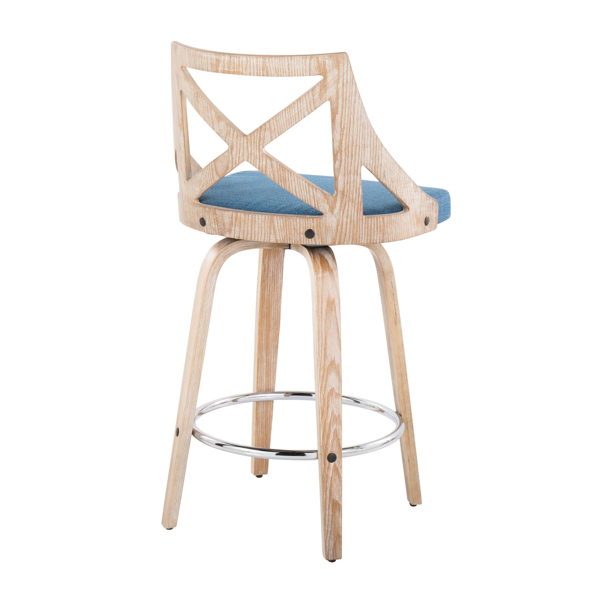 Charlotte 26" Farmhouse Fixed-Height Counter Stool with Swivel in White Washed Wood, Blue Fabric and Round Chrome Metal Footrest By LumiSource - Set of 2 | Counter Stools | Modishstore - 9