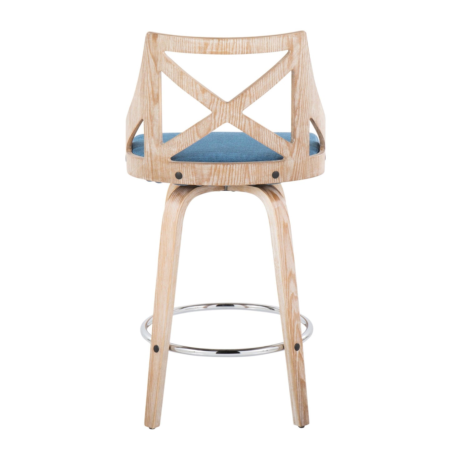 Charlotte 26" Farmhouse Fixed-Height Counter Stool with Swivel in White Washed Wood, Blue Fabric and Round Chrome Metal Footrest By LumiSource - Set of 2 | Counter Stools | Modishstore - 10