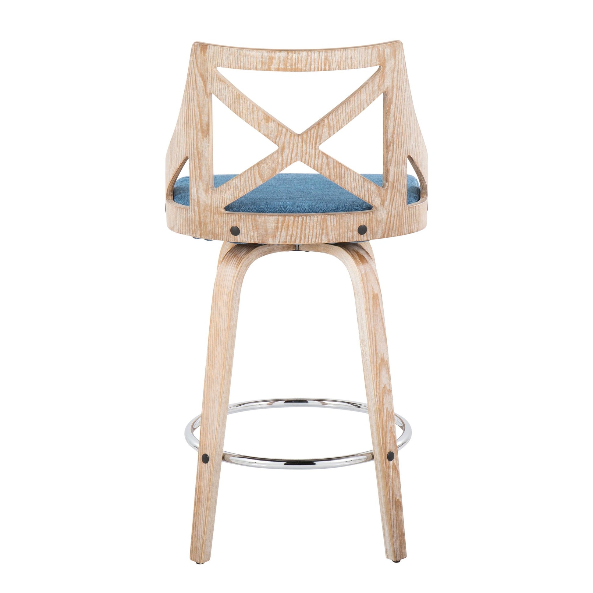 Charlotte 26" Farmhouse Fixed-Height Counter Stool with Swivel in White Washed Wood, Blue Fabric and Round Chrome Metal Footrest By LumiSource - Set of 2 | Counter Stools | Modishstore - 10