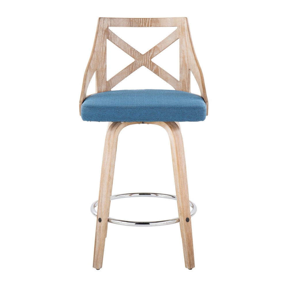 Charlotte 26" Farmhouse Fixed-Height Counter Stool with Swivel in White Washed Wood, Blue Fabric and Round Chrome Metal Footrest By LumiSource - Set of 2 | Counter Stools | Modishstore - 3