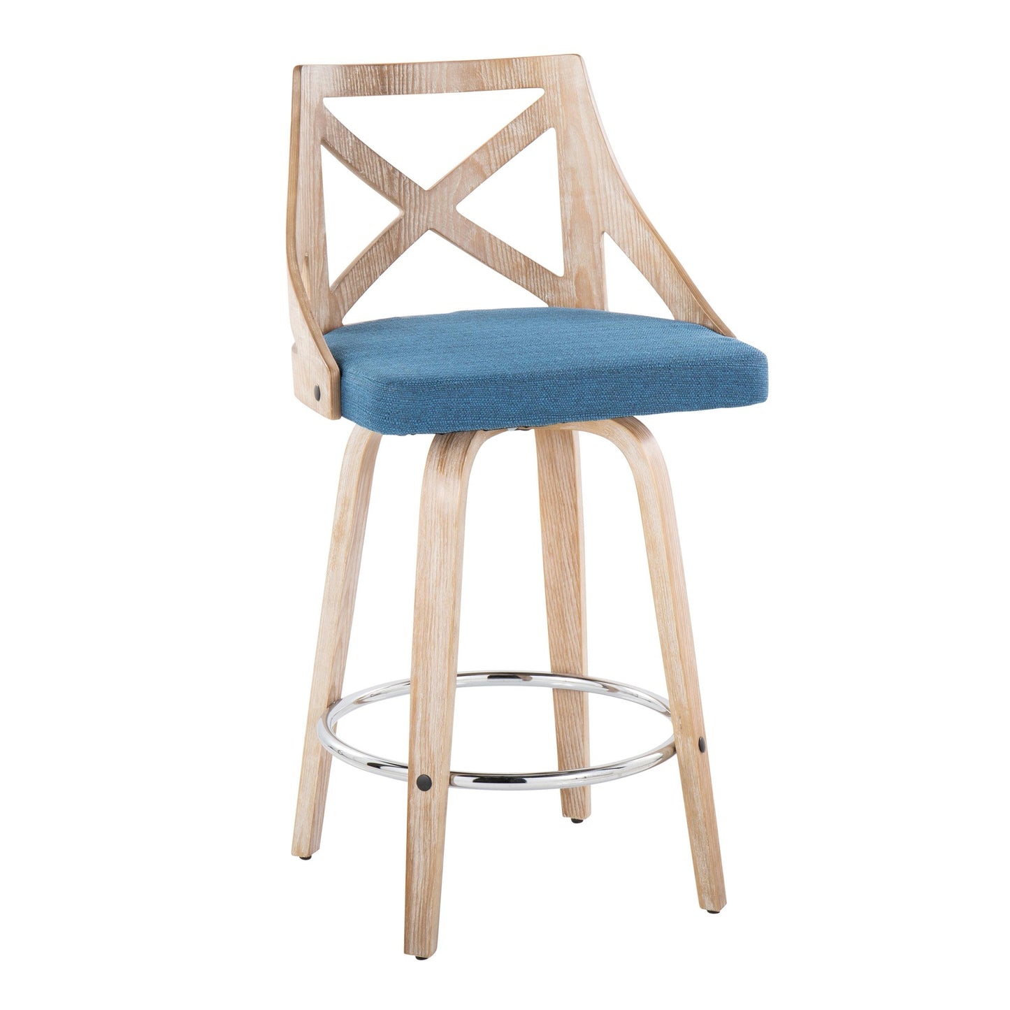 Charlotte 26" Farmhouse Fixed-Height Counter Stool with Swivel in White Washed Wood, Blue Fabric and Round Chrome Metal Footrest By LumiSource - Set of 2 | Counter Stools | Modishstore - 7