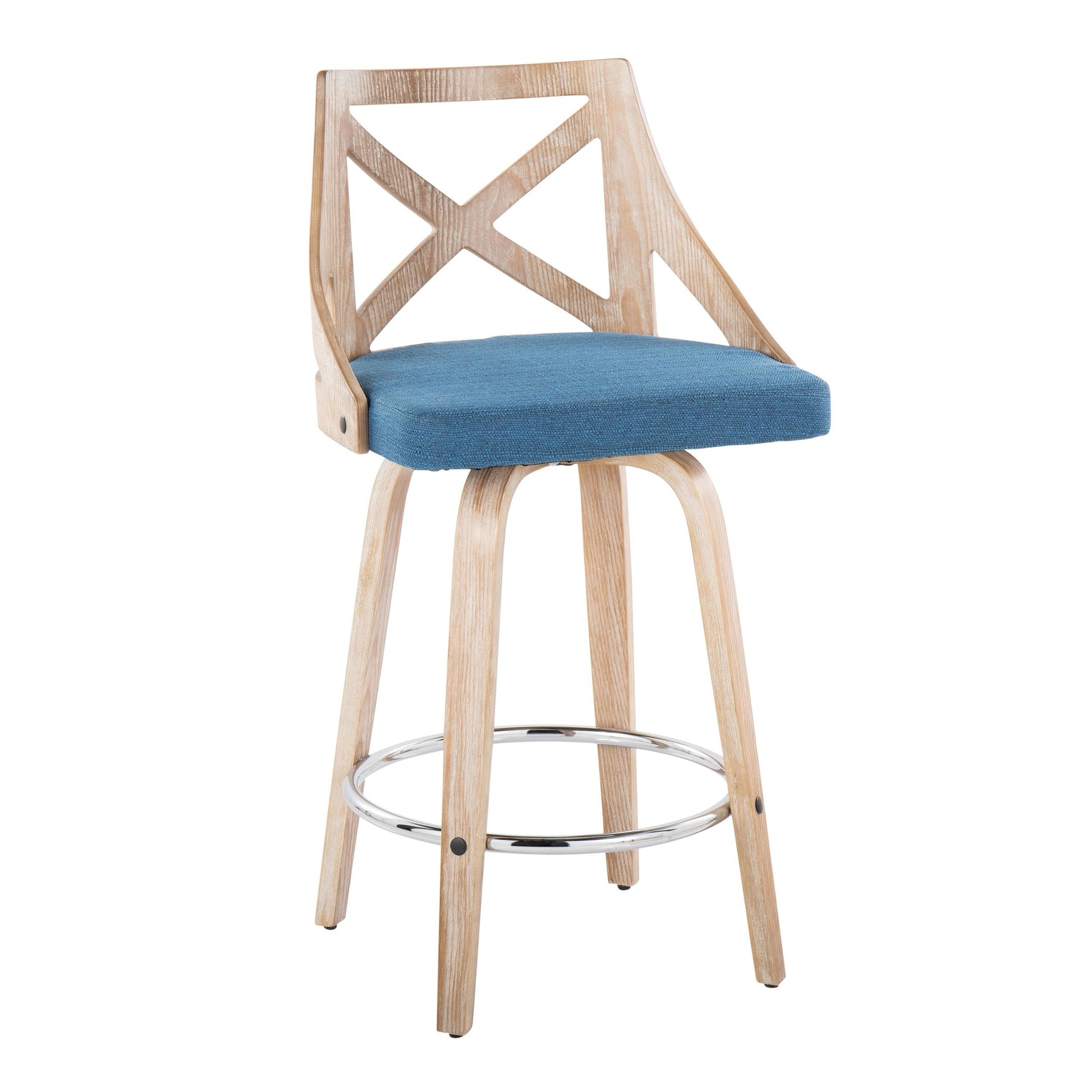 Charlotte 26" Farmhouse Fixed-Height Counter Stool with Swivel in White Washed Wood, Blue Fabric and Round Chrome Metal Footrest By LumiSource - Set of 2 | Counter Stools | Modishstore - 7
