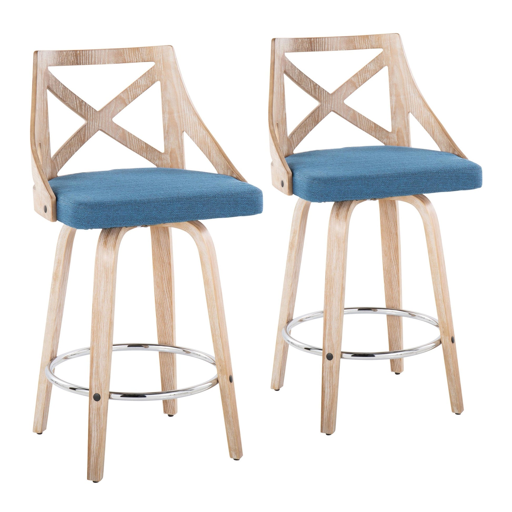 Charlotte 26" Farmhouse Fixed-Height Counter Stool with Swivel in White Washed Wood, Blue Fabric and Round Chrome Metal Footrest By LumiSource - Set of 2 | Counter Stools | Modishstore - 2