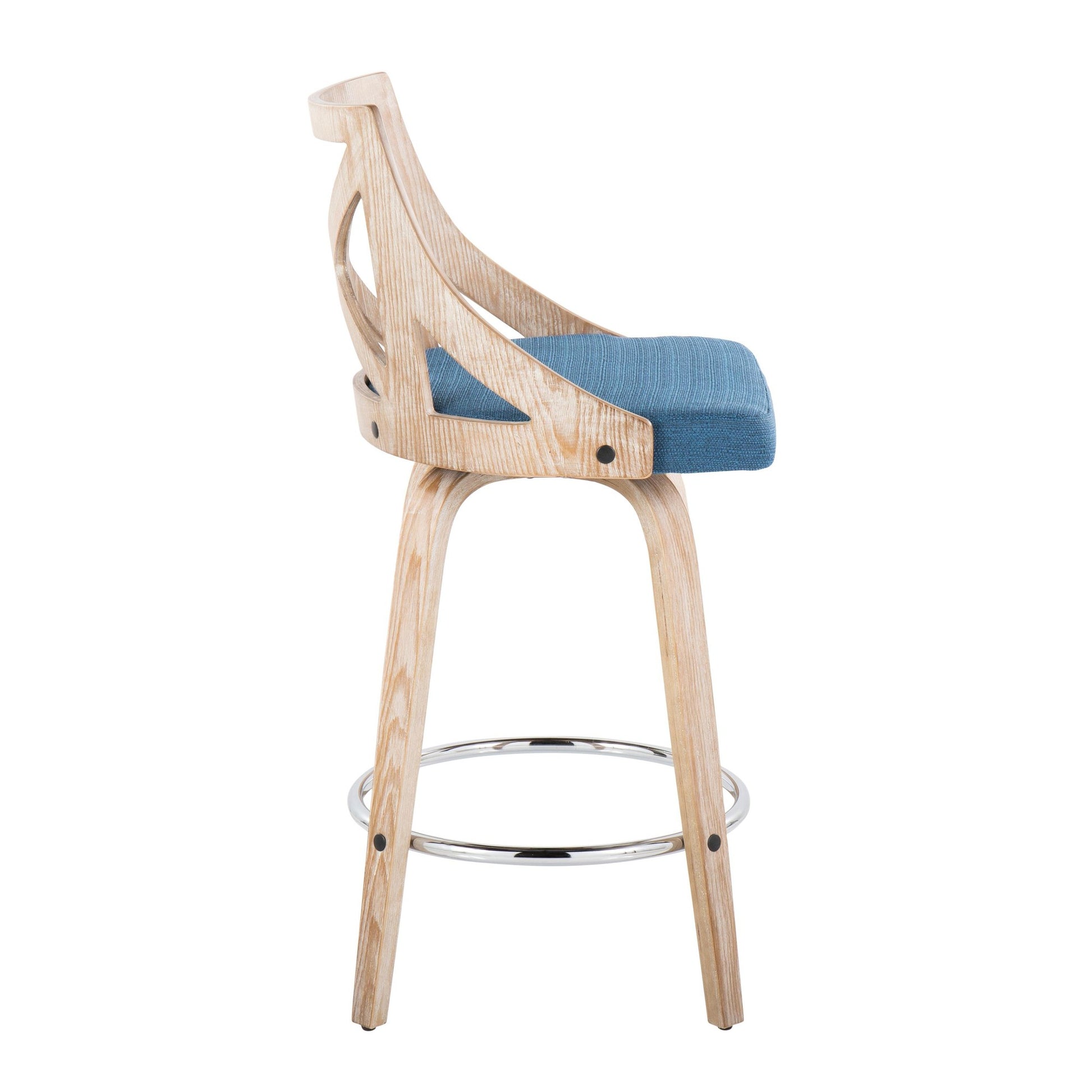 Charlotte 26" Farmhouse Fixed-Height Counter Stool with Swivel in White Washed Wood, Blue Fabric and Round Chrome Metal Footrest By LumiSource - Set of 2 | Counter Stools | Modishstore - 8