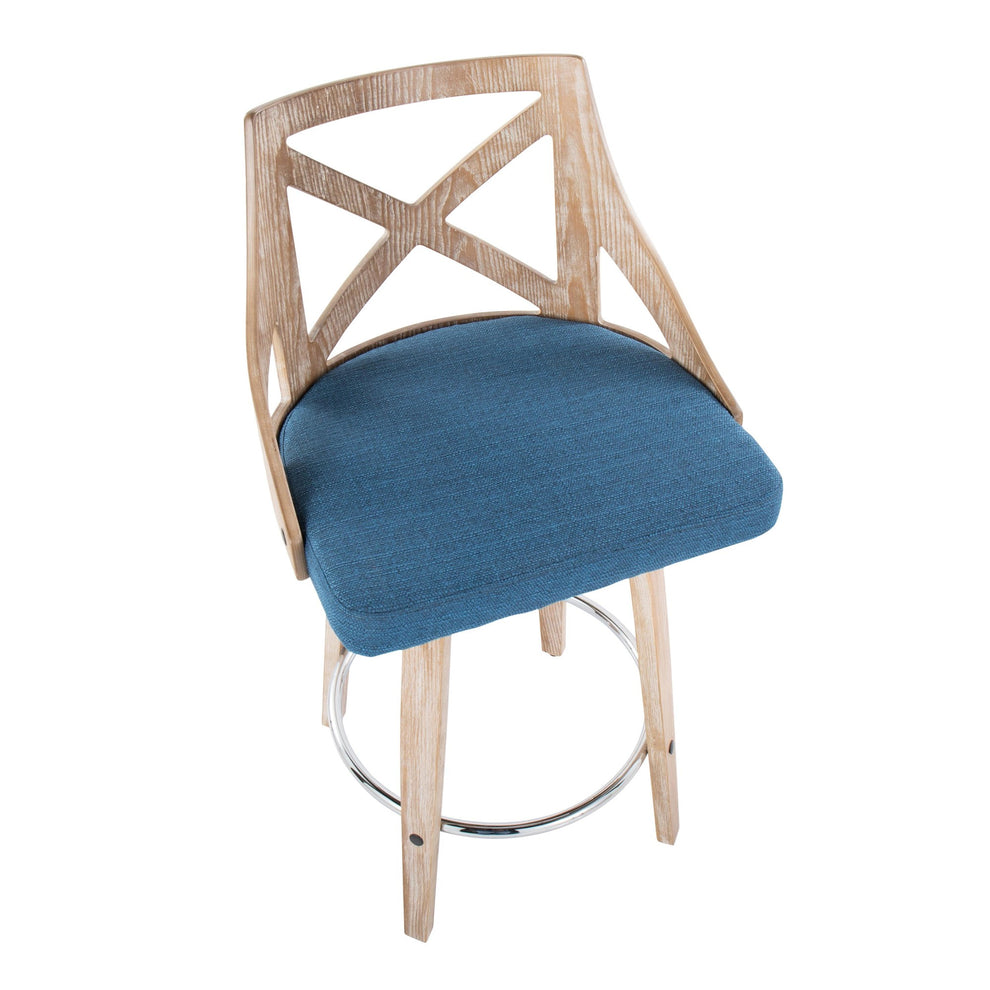 Charlotte 26" Farmhouse Fixed-Height Counter Stool with Swivel in White Washed Wood, Blue Fabric and Round Chrome Metal Footrest By LumiSource - Set of 2 | Counter Stools | Modishstore - 4