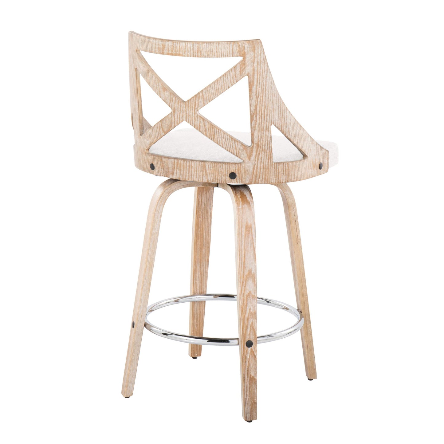 Charlotte 26" Farmhouse Fixed-Height Counter Stool with Swivel in White Washed Wood, Blue Fabric and Round Chrome Metal Footrest By LumiSource - Set of 2 | Counter Stools | Modishstore - 19