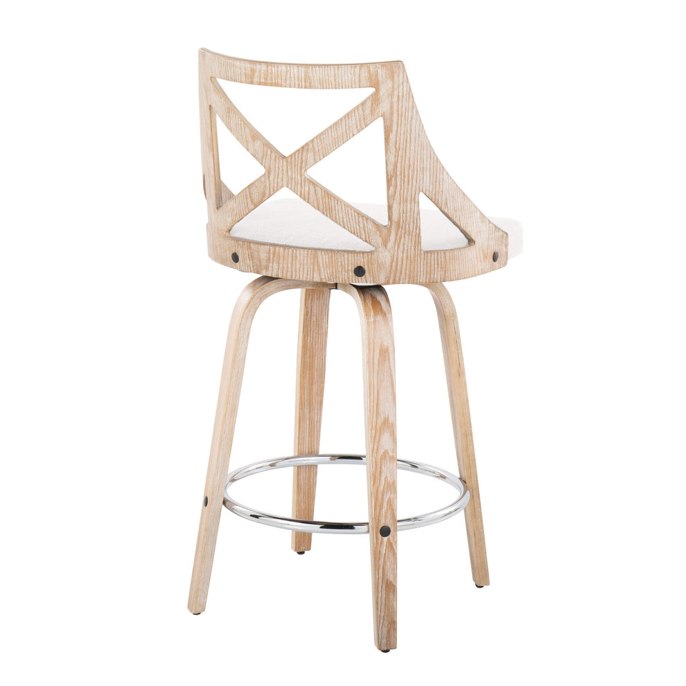 Charlotte 26" Farmhouse Fixed-Height Counter Stool with Swivel in White Washed Wood, Blue Fabric and Round Chrome Metal Footrest By LumiSource - Set of 2 | Counter Stools | Modishstore - 19