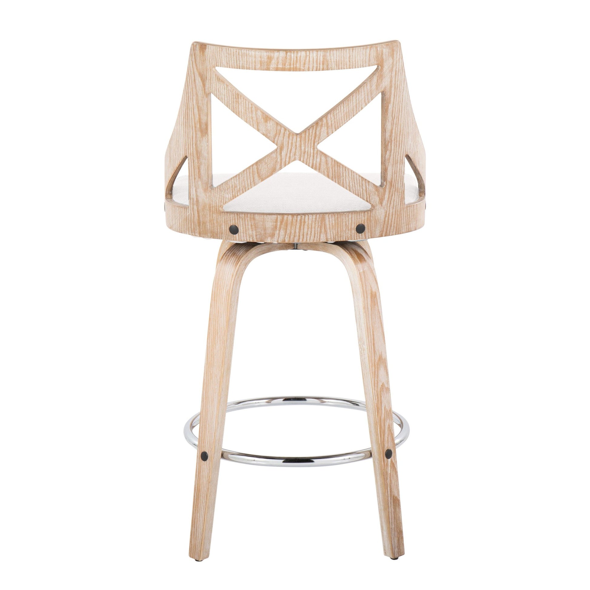 Charlotte 26" Farmhouse Fixed-Height Counter Stool with Swivel in White Washed Wood, Blue Fabric and Round Chrome Metal Footrest By LumiSource - Set of 2 | Counter Stools | Modishstore - 20