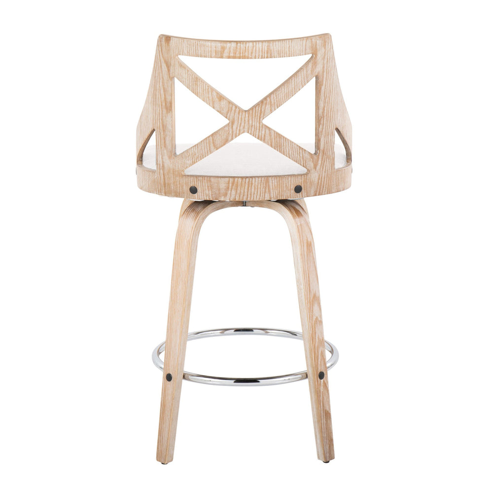 Charlotte 26" Farmhouse Fixed-Height Counter Stool with Swivel in White Washed Wood, Blue Fabric and Round Chrome Metal Footrest By LumiSource - Set of 2 | Counter Stools | Modishstore - 20