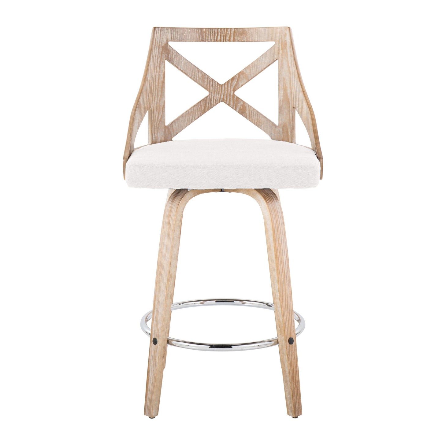 Charlotte 26" Farmhouse Fixed-Height Counter Stool with Swivel in White Washed Wood, Blue Fabric and Round Chrome Metal Footrest By LumiSource - Set of 2 | Counter Stools | Modishstore - 12