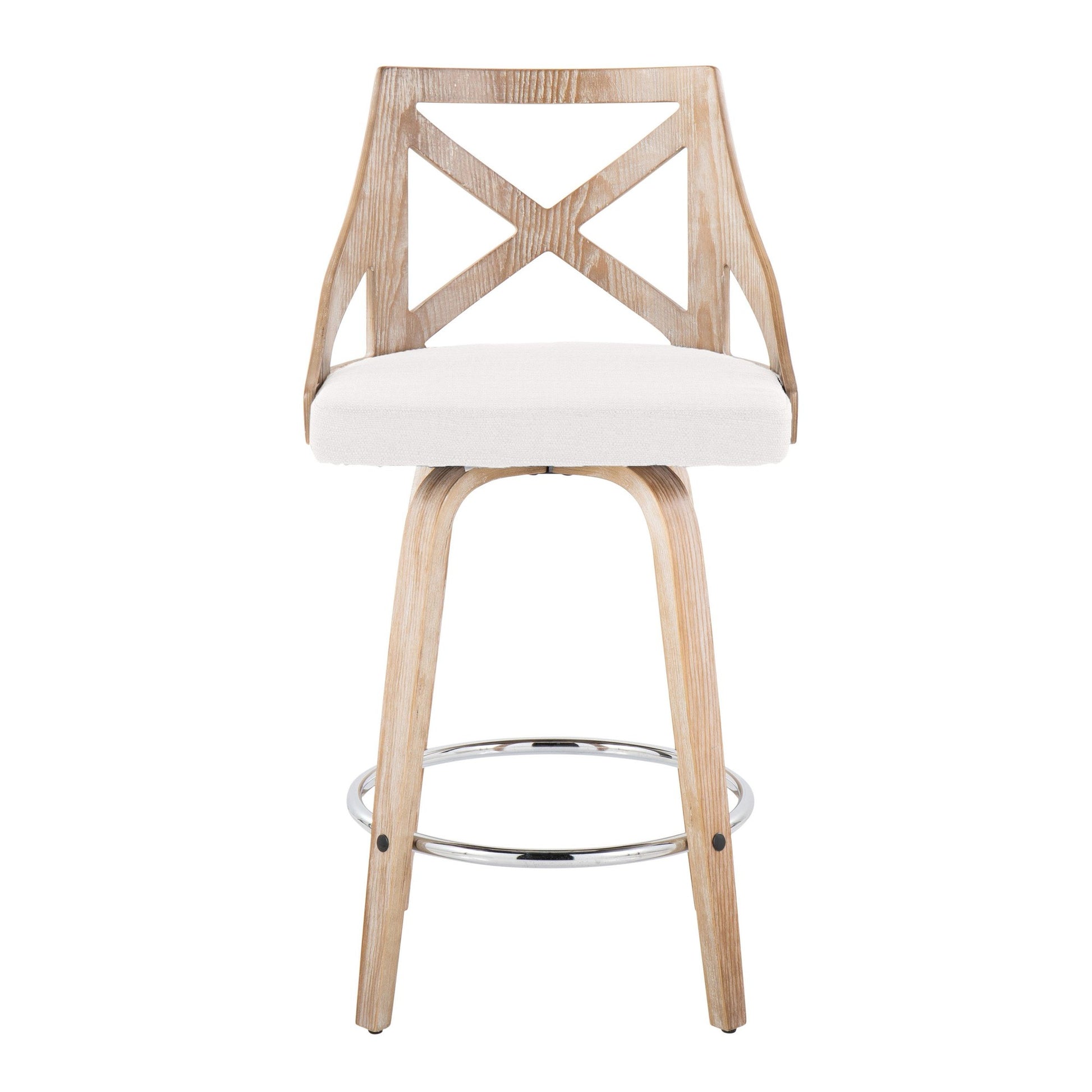 Charlotte 26" Farmhouse Fixed-Height Counter Stool with Swivel in White Washed Wood, Blue Fabric and Round Chrome Metal Footrest By LumiSource - Set of 2 | Counter Stools | Modishstore - 12