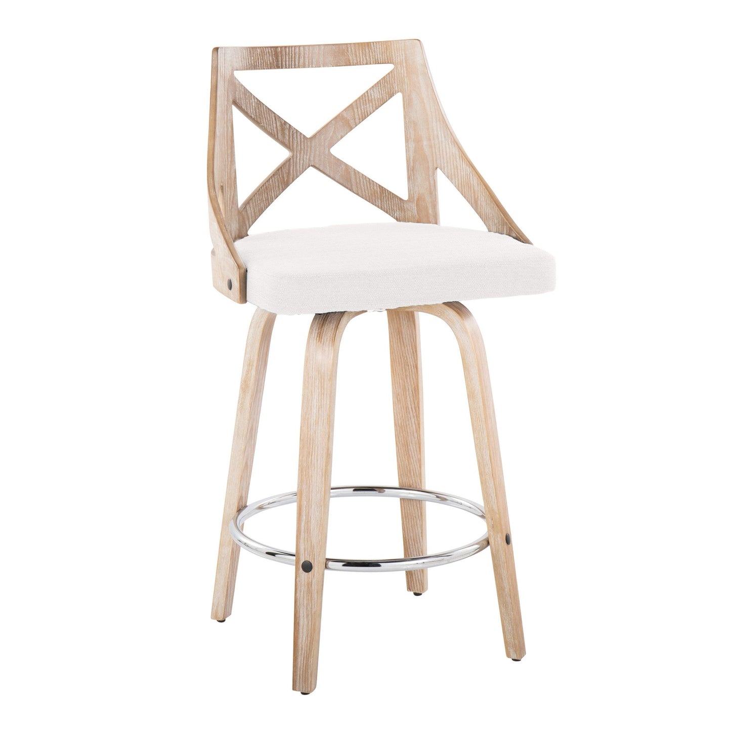 Charlotte 26" Farmhouse Fixed-Height Counter Stool with Swivel in White Washed Wood, Blue Fabric and Round Chrome Metal Footrest By LumiSource - Set of 2 | Counter Stools | Modishstore - 17