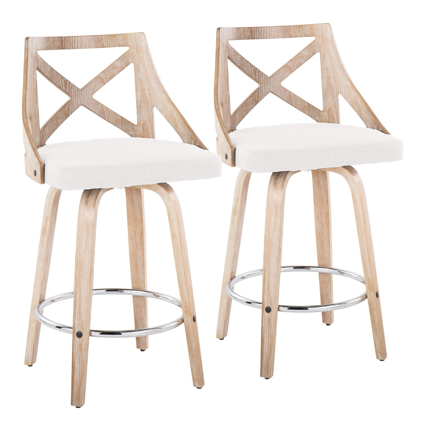 Charlotte 26" Farmhouse Fixed-Height Counter Stool with Swivel in White Washed Wood, Blue Fabric and Round Chrome Metal Footrest By LumiSource - Set of 2 | Counter Stools | Modishstore - 11
