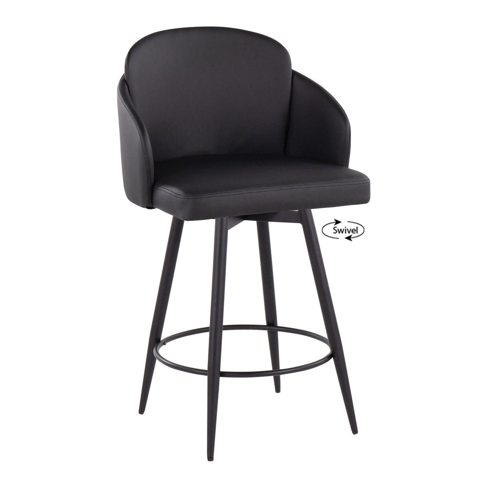 Dahlia 26" Contemporary Fixed-Height Counter Stool in Matte Black Metal, Black Faux Leather and Chrome Metal Accent with Round Black Metal Footrest By LumiSource - Set of 2 | Counter Stools | Modishstore - 4