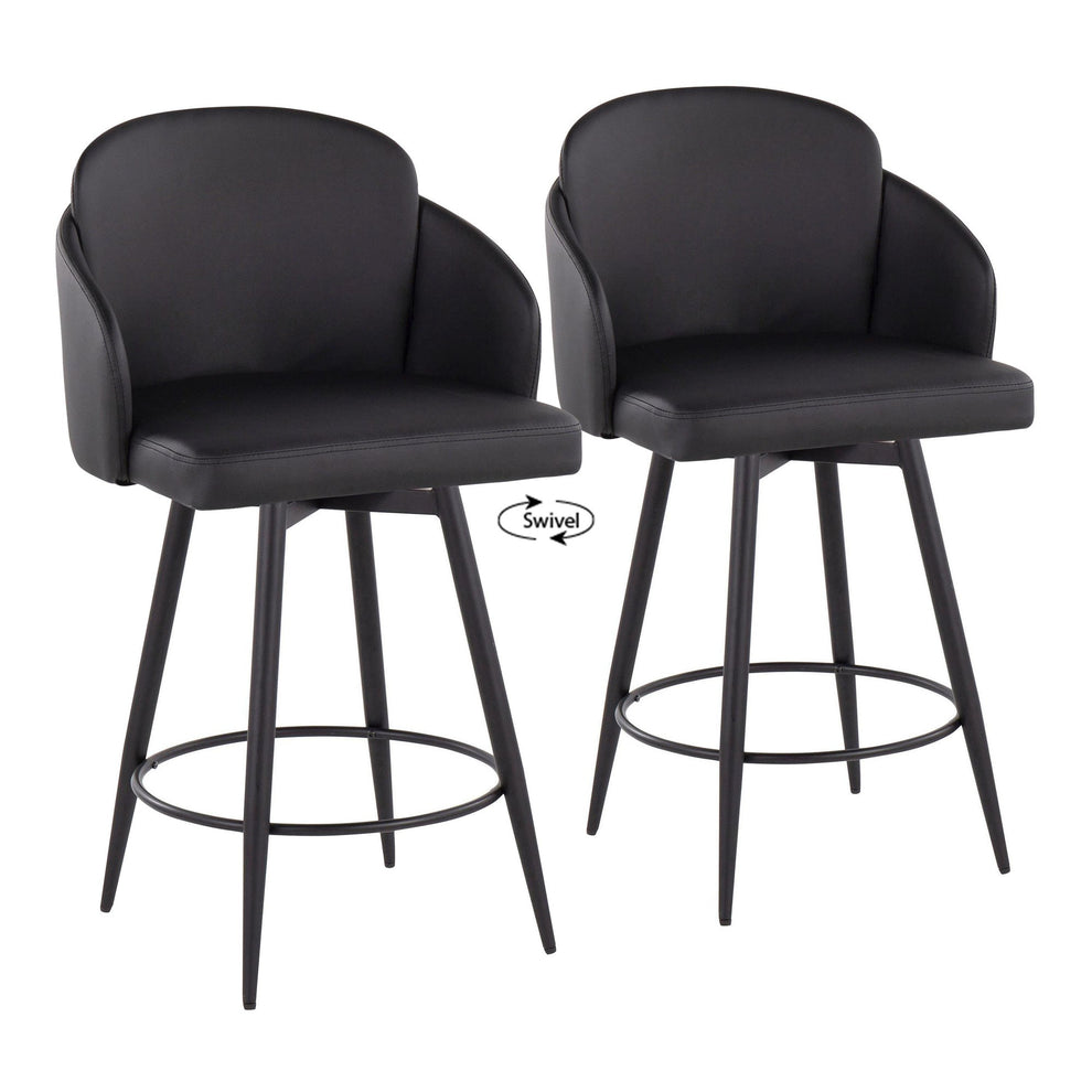 Dahlia 26" Contemporary Fixed-Height Counter Stool in Matte Black Metal, Black Faux Leather and Chrome Metal Accent with Round Black Metal Footrest By LumiSource - Set of 2 | Counter Stools | Modishstore