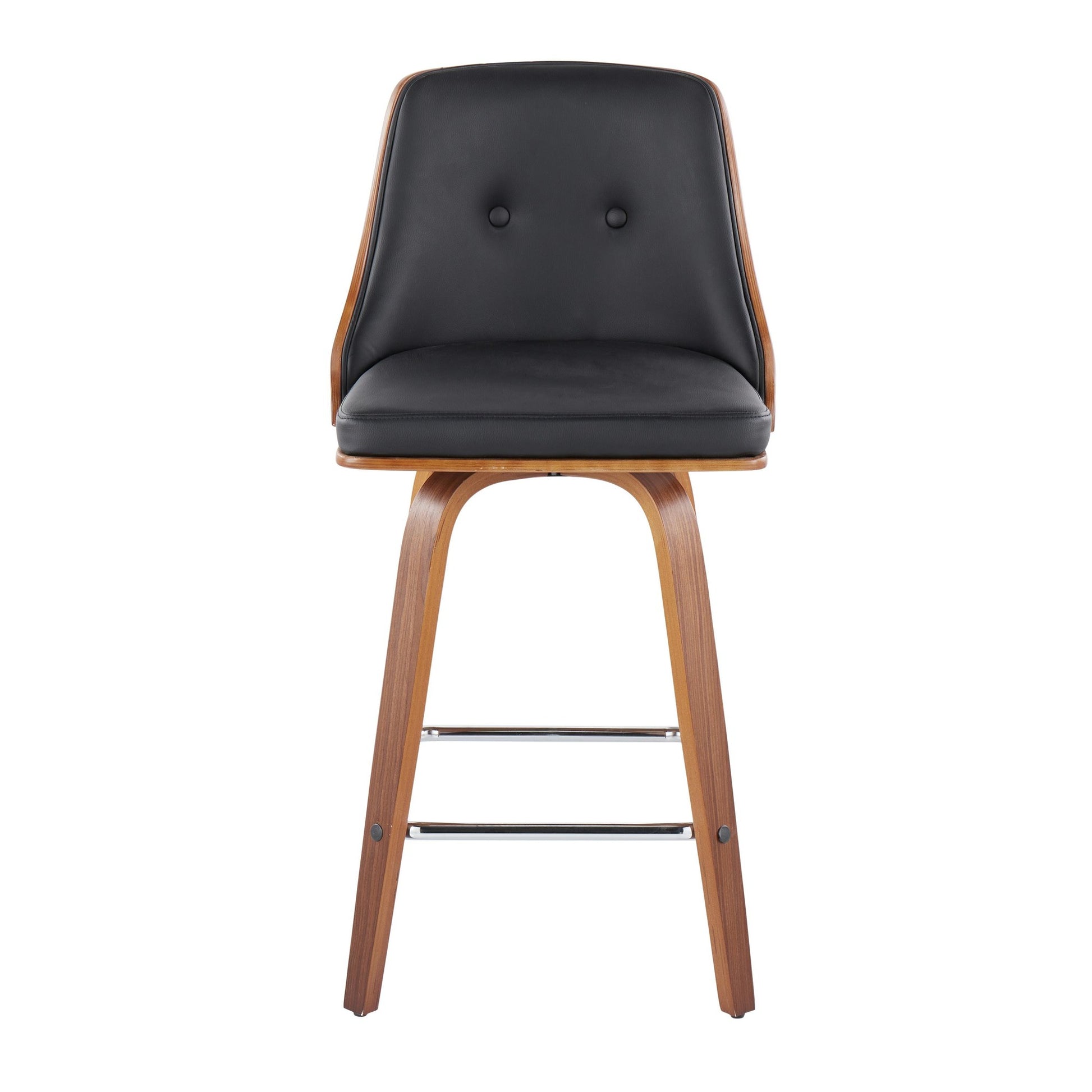 Gianna Mid-Century Modern Fixed-Height Counter Stool with Swivel in Walnut Wood and Light Black Faux Leather with Square Chrome Metal Footrest By LumiSource - Set of 2 | Counter Stools | Modishstore - 3